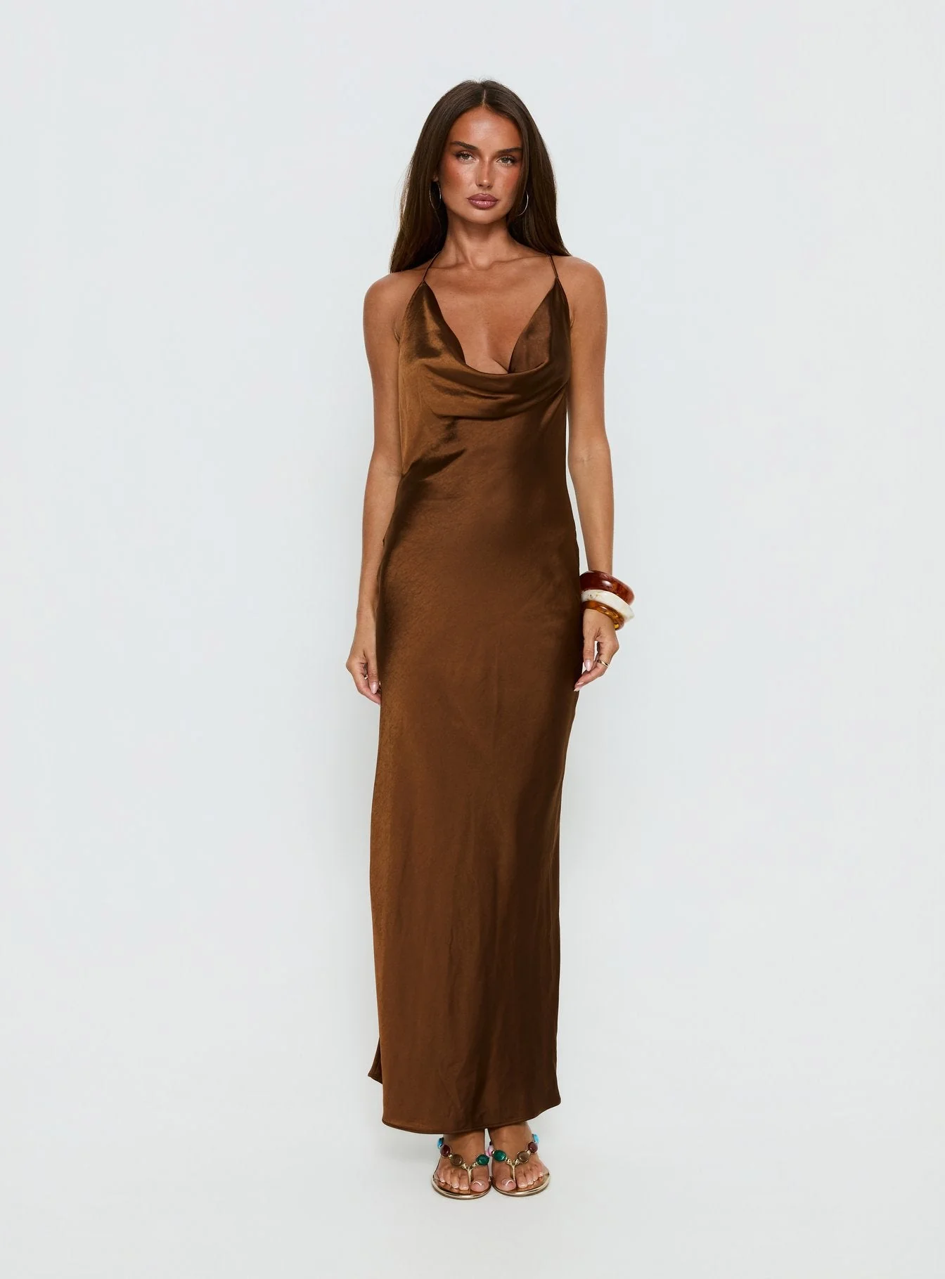 Anjelina Halter Plunge Maxi Dress Chocolate Brown - Image 7
