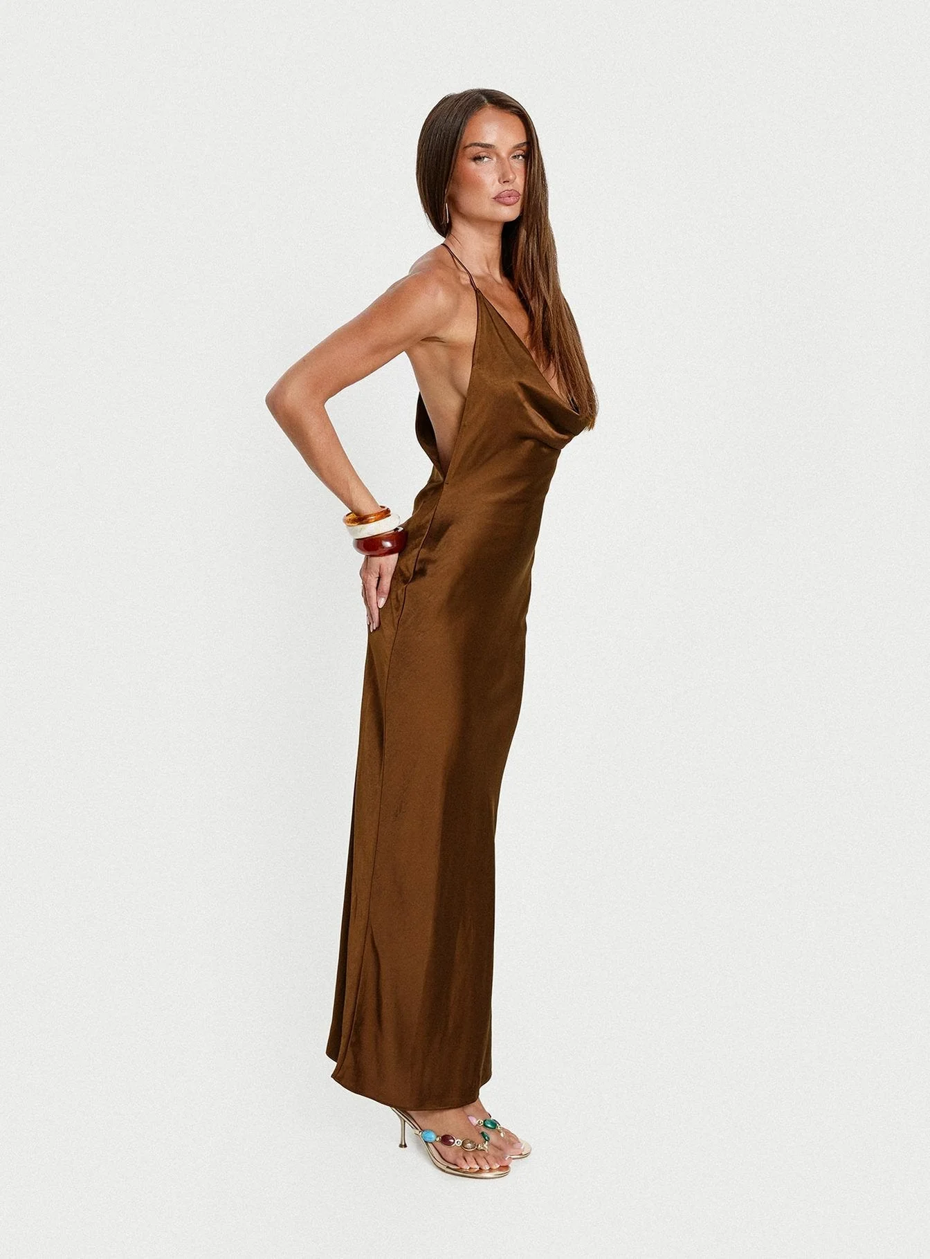 Anjelina Halter Plunge Maxi Dress Chocolate Brown - Image 8