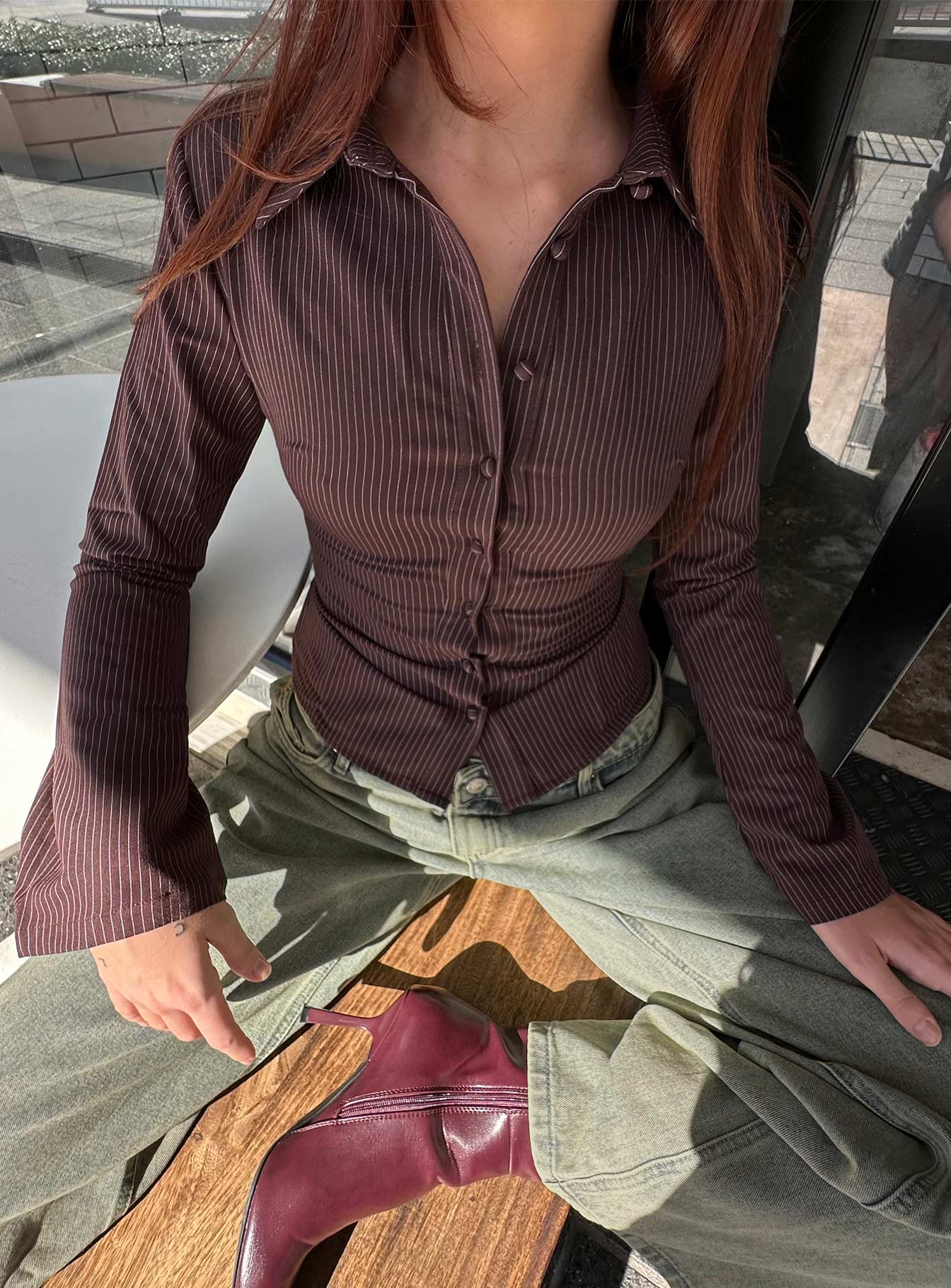 Anni Pinstripe Shirt Brown - Image 8