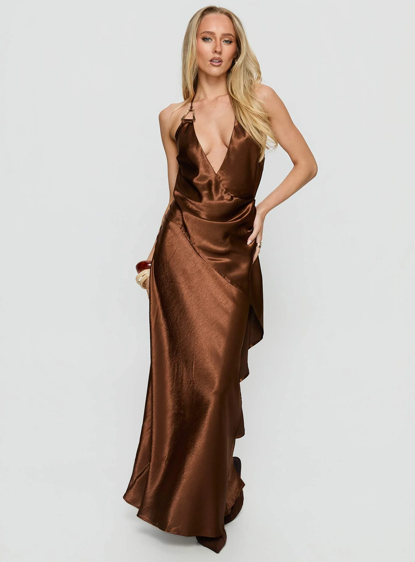 Annissa Plunge Halter Maxi Dress Dark Brown - Image 2