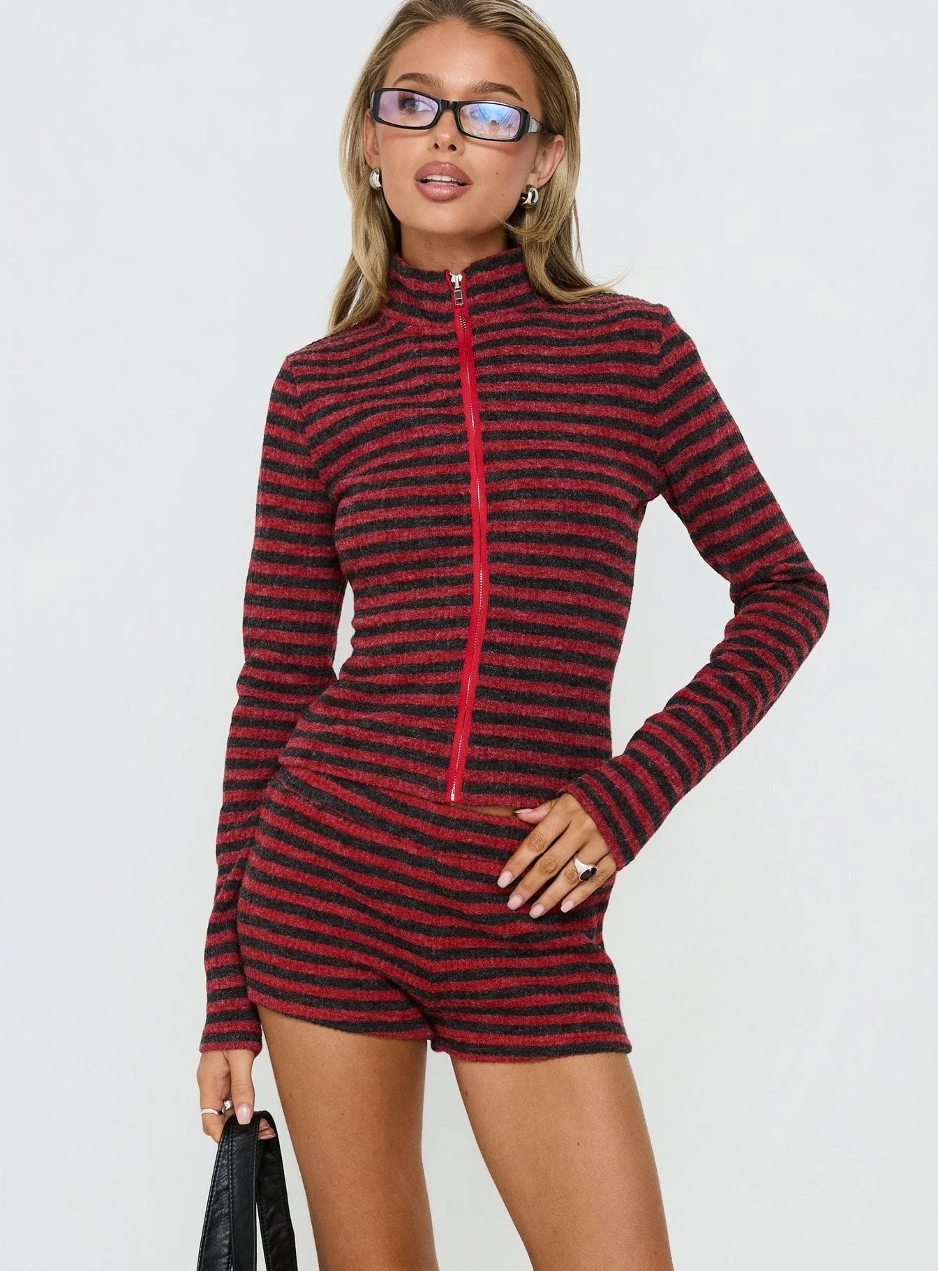 Apex Funnel Neck Knit Jacket Red Stripe - Image 2