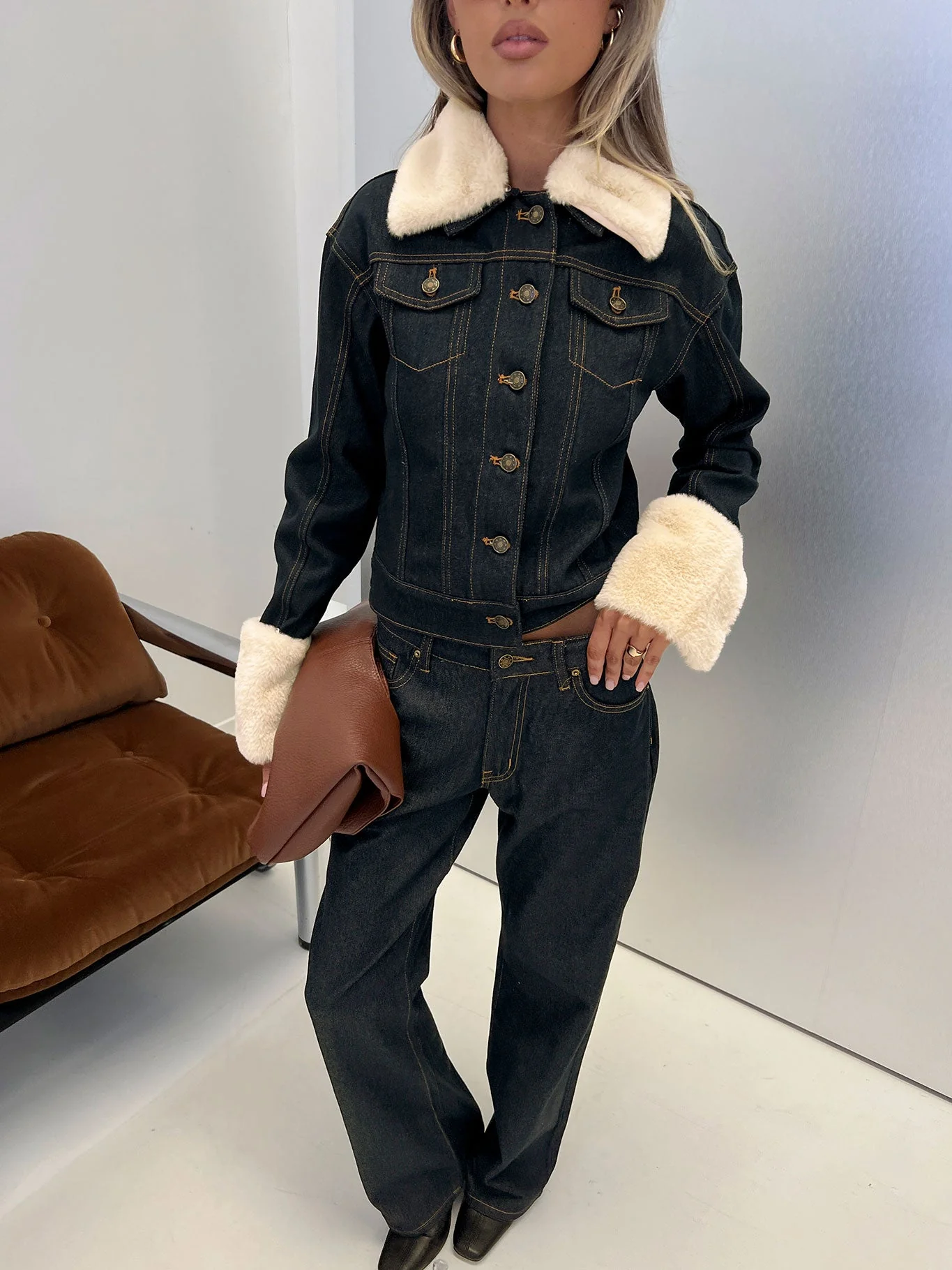 Apres Faux Fur Trim Denim Jacket Indigo - Image 8