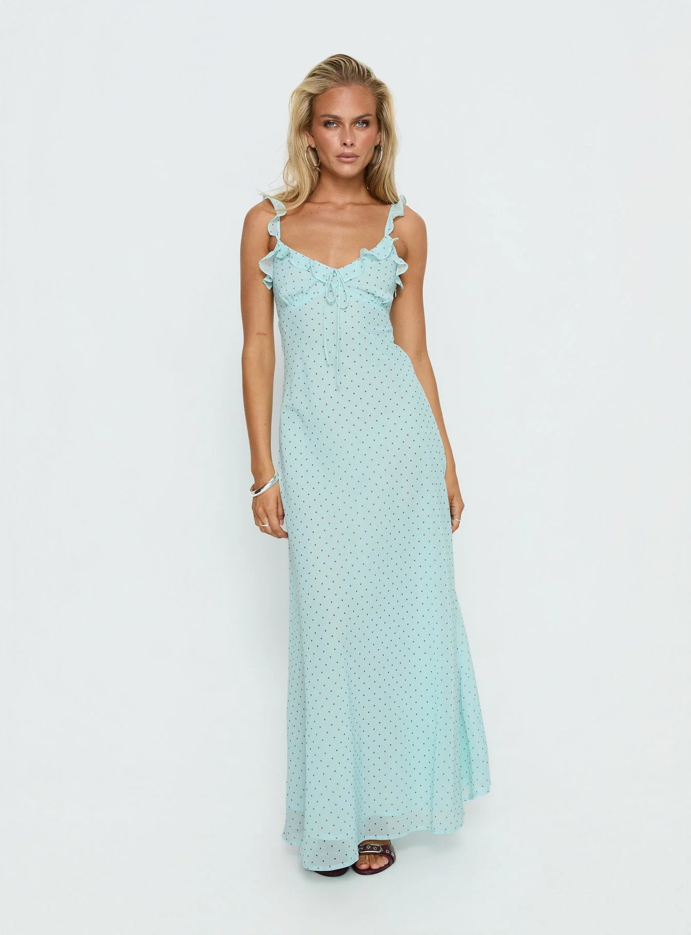 Aryelle Chiffon Frill Maxi Dress Blue Polka Dot - Image 2