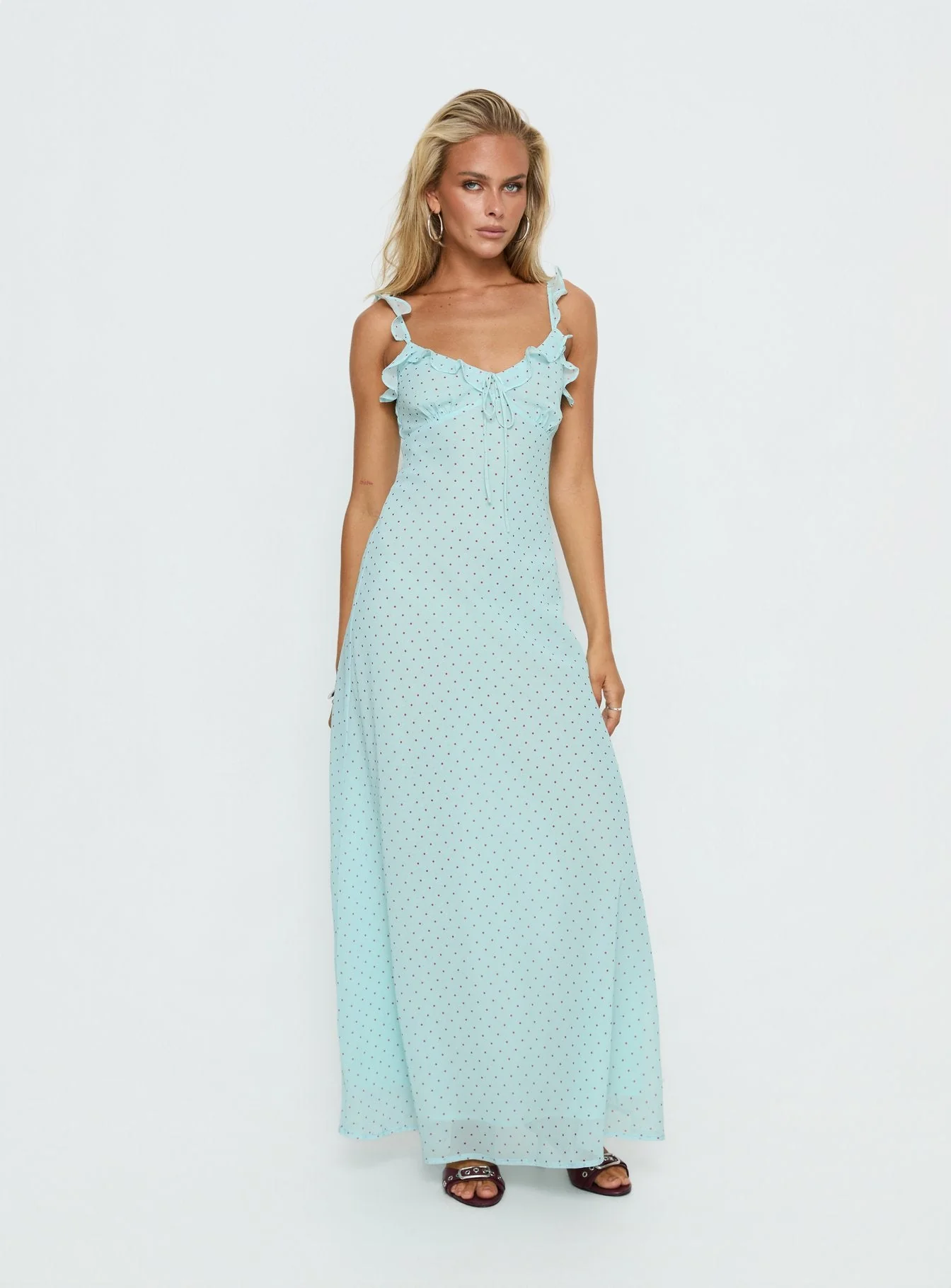 Aryelle Chiffon Frill Maxi Dress Blue Polka Dot - Image 3
