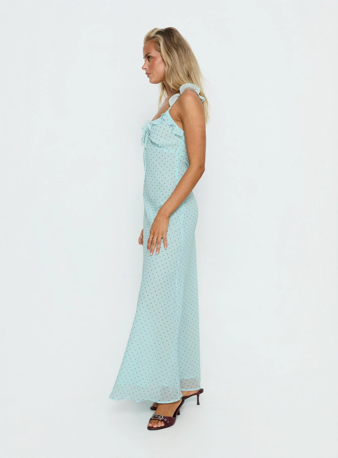 Aryelle Chiffon Frill Maxi Dress Blue Polka Dot - Image 4