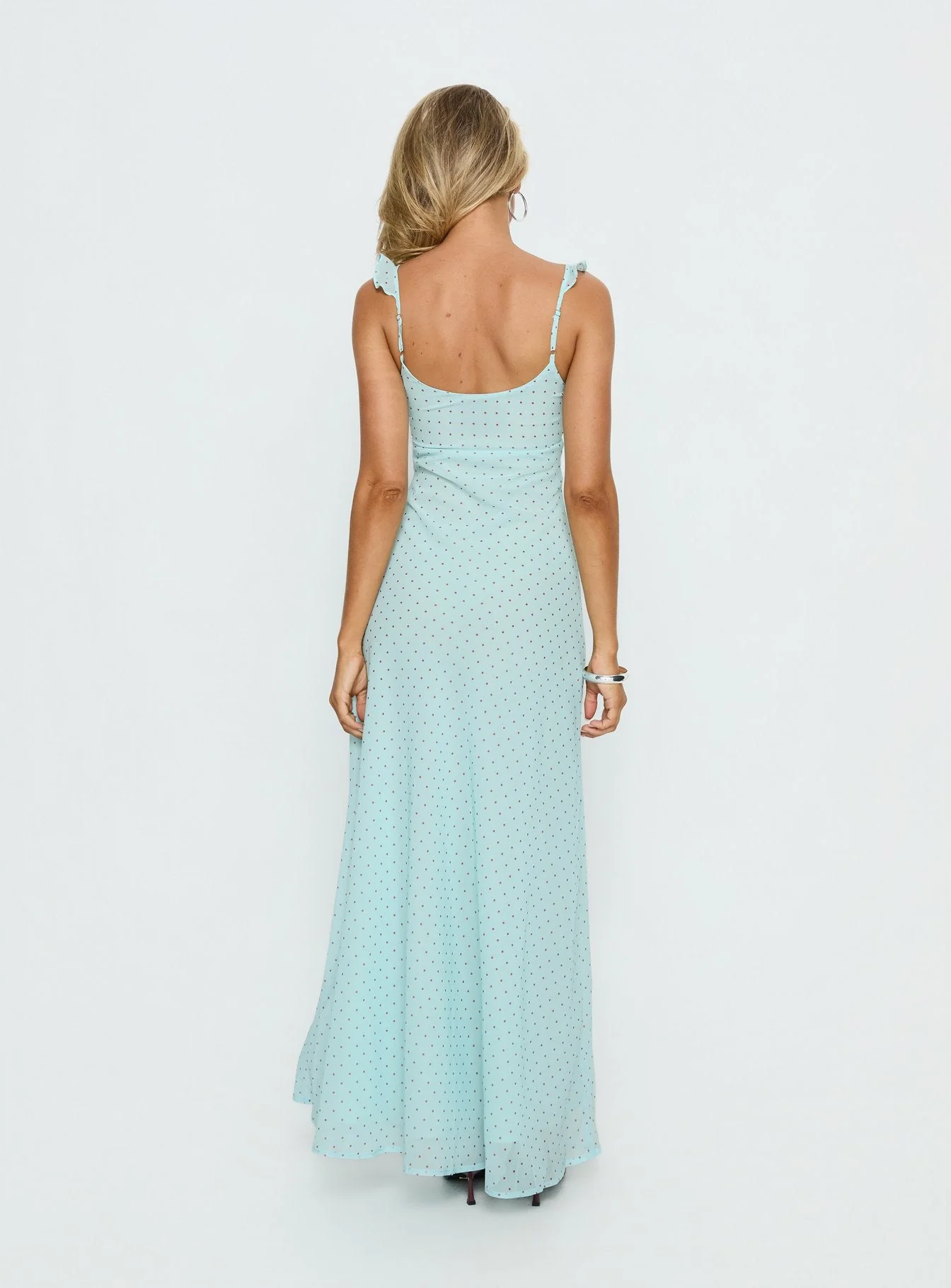 Aryelle Chiffon Frill Maxi Dress Blue Polka Dot - Image 5