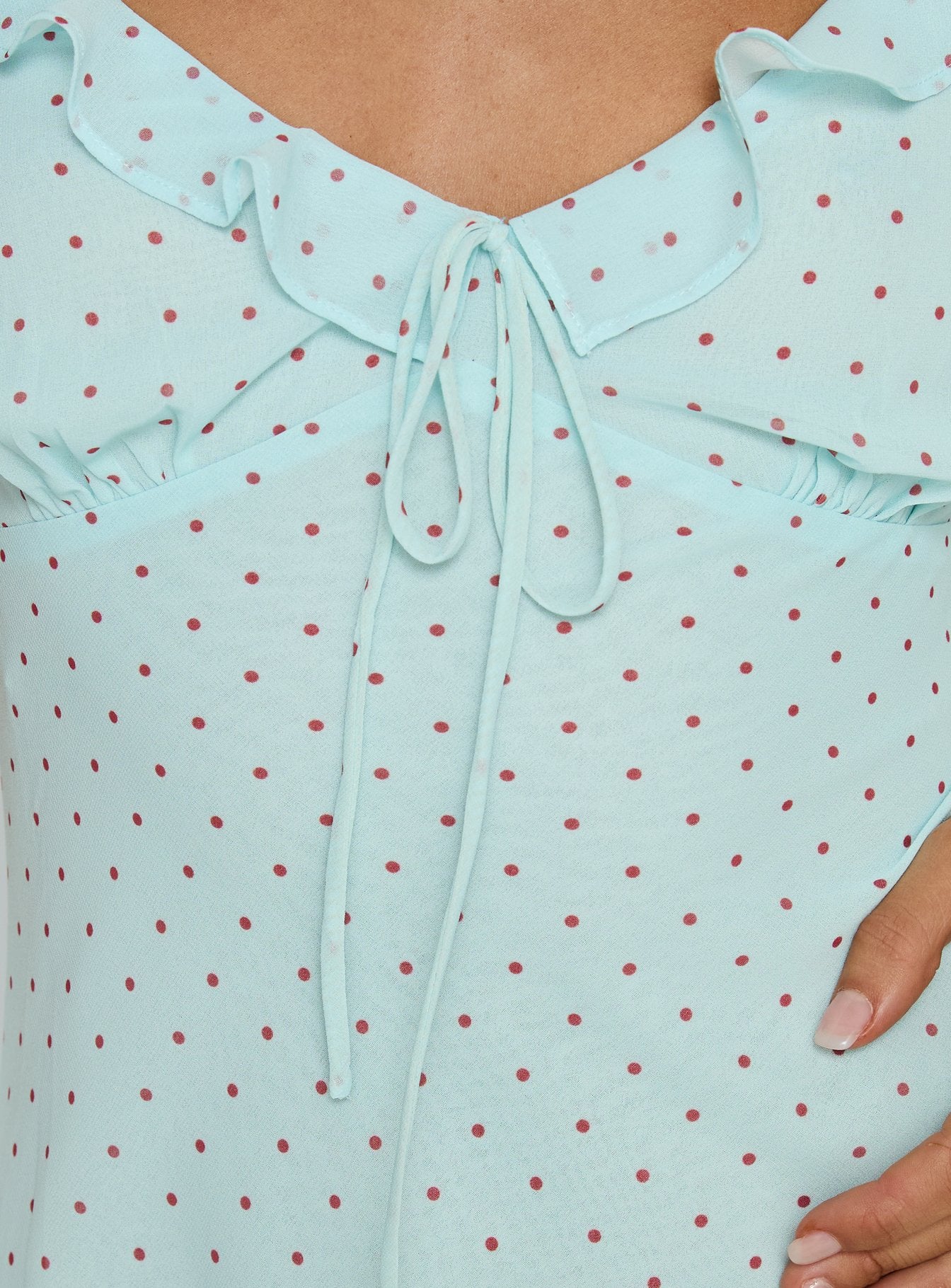 Aryelle Chiffon Frill Maxi Dress Blue Polka Dot - Image 6