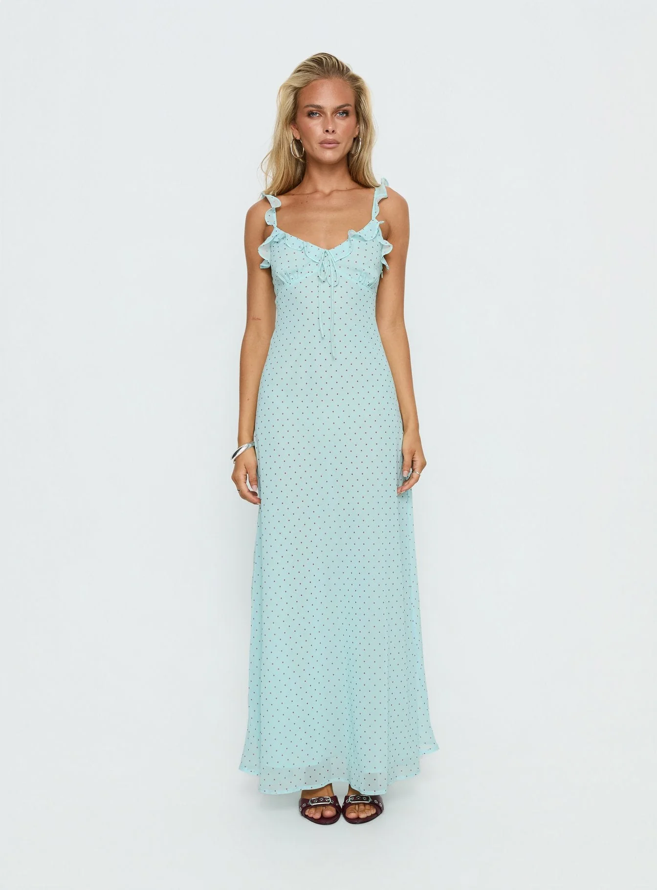 Aryelle Chiffon Frill Maxi Dress Blue Polka Dot - Image 7