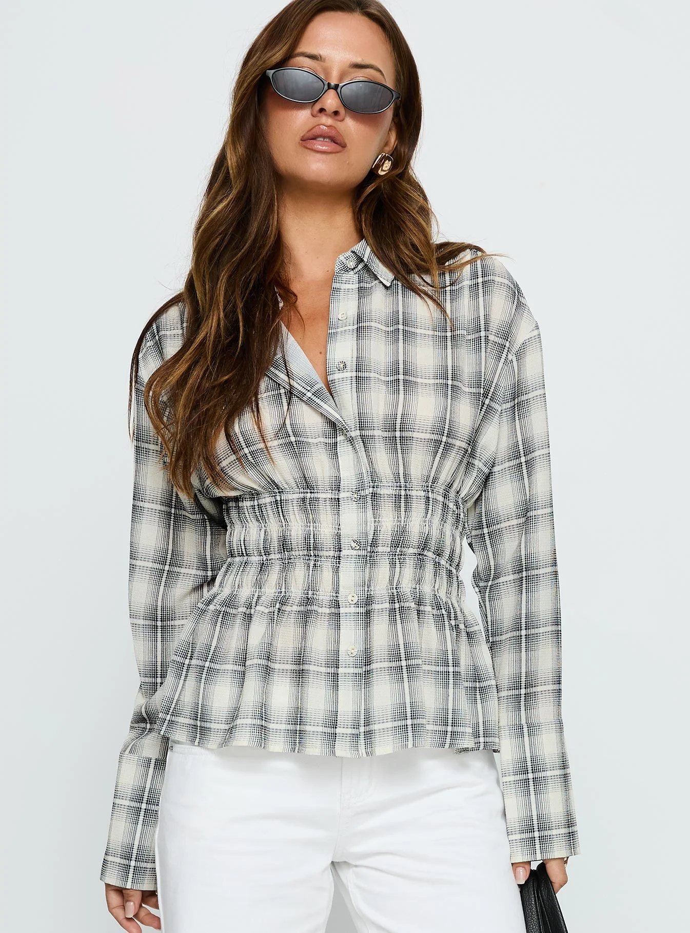 As You Are Shirred Button Up Top Black Check - Image 2
