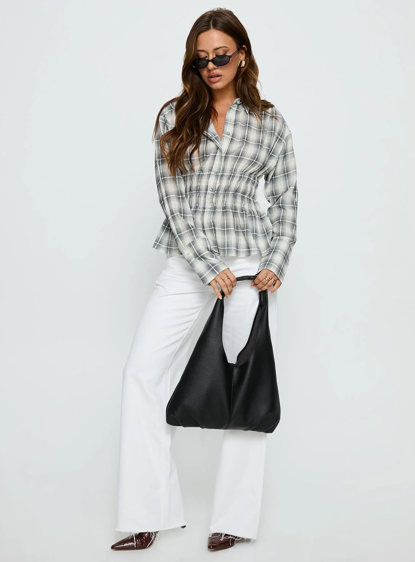 As You Are Shirred Button Up Top Black Check - Image 3