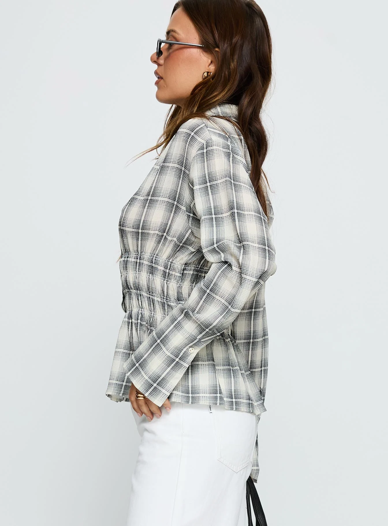 As You Are Shirred Button Up Top Black Check - Image 4