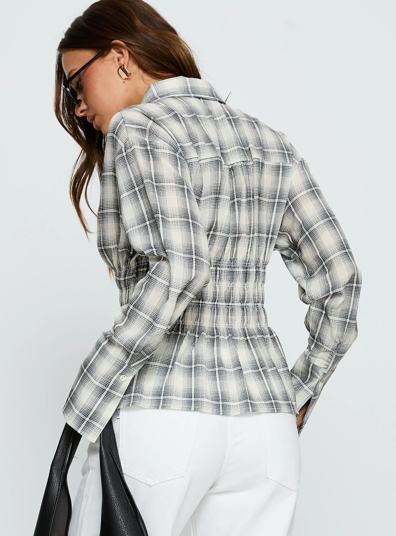 As You Are Shirred Button Up Top Black Check - Image 5
