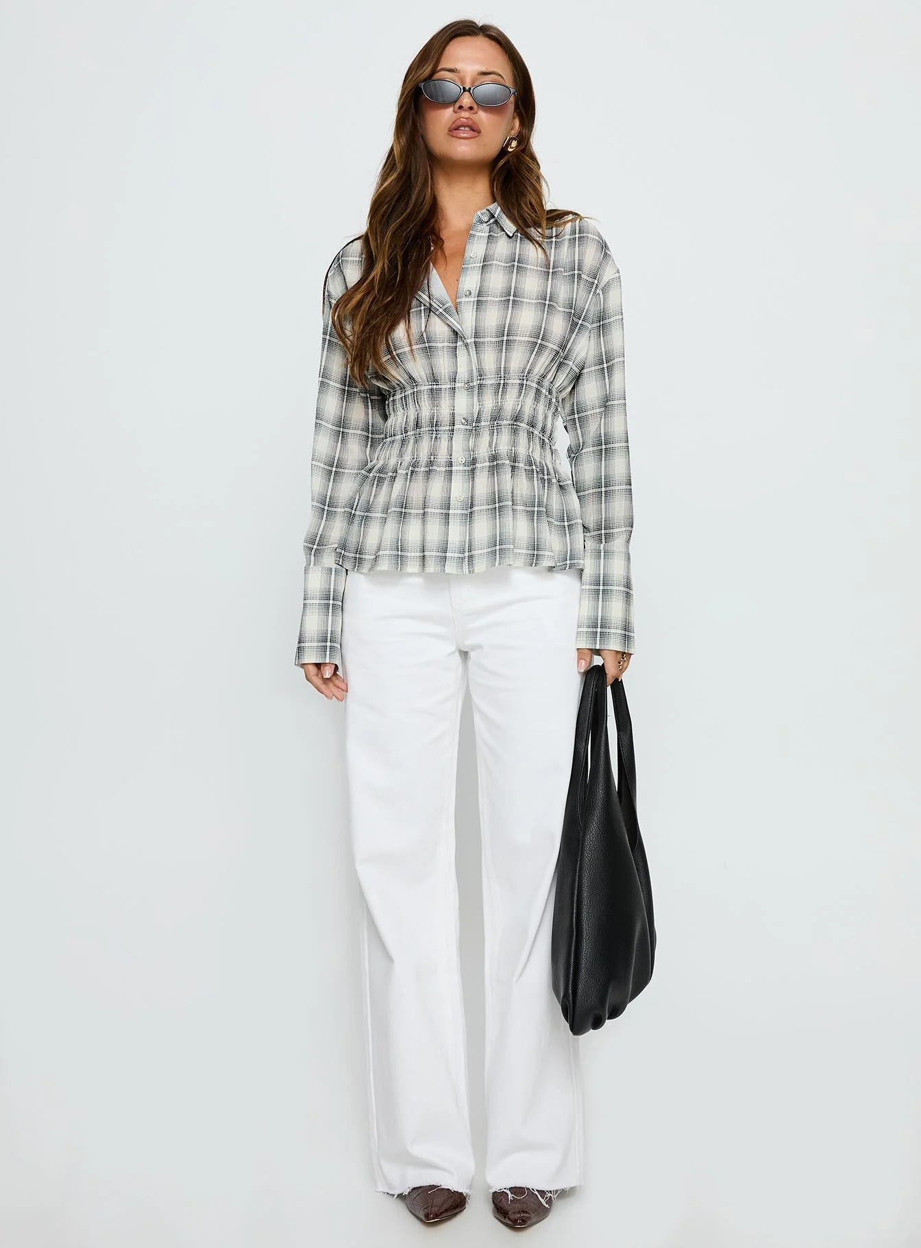 As You Are Shirred Button Up Top Black Check - Image 7