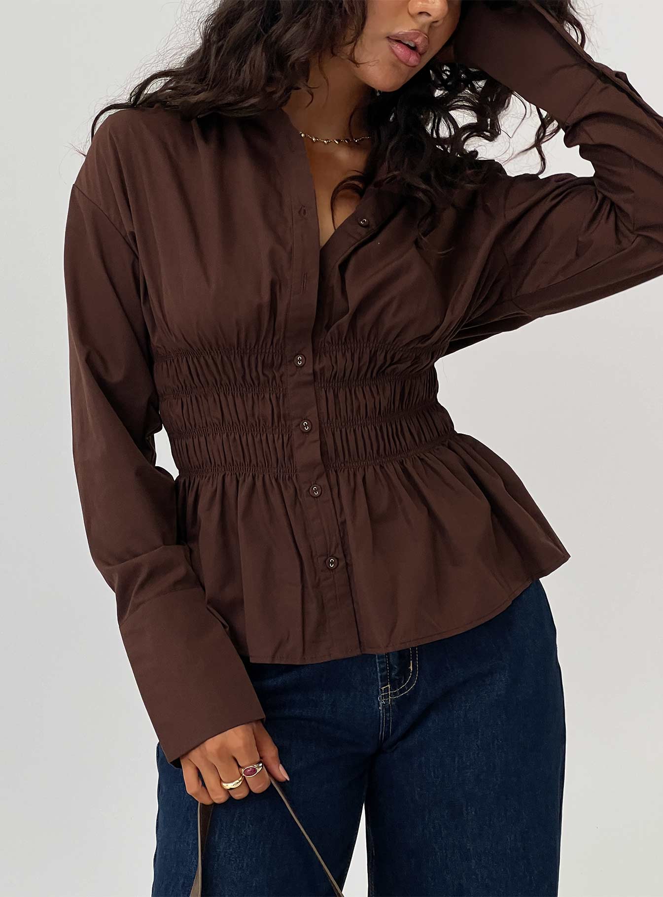 As You Are Shirred Button Up Top Chocolate - Image 2