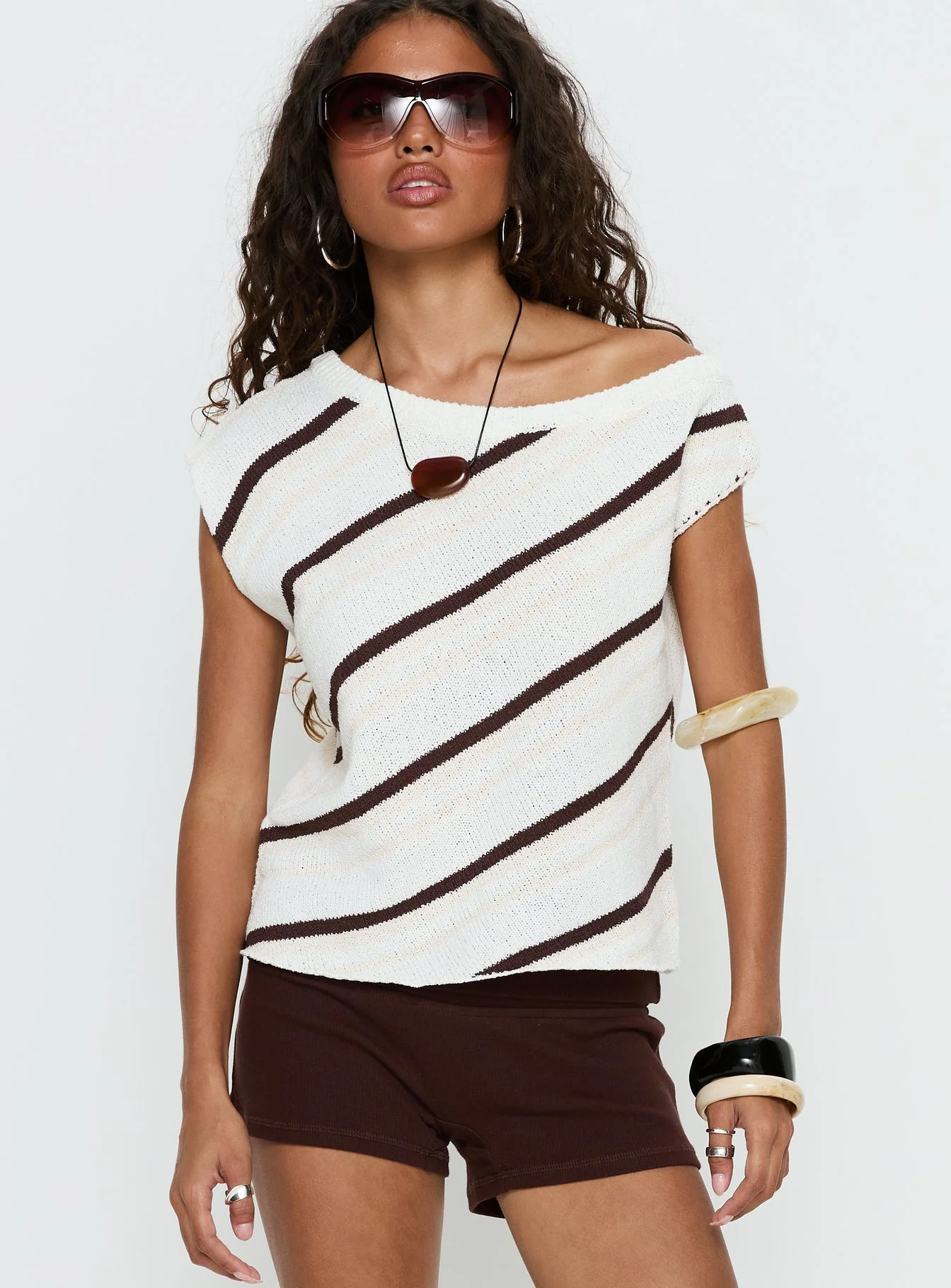 Ashfield Off Shoulder Top White / Beige Stripe - Image 2