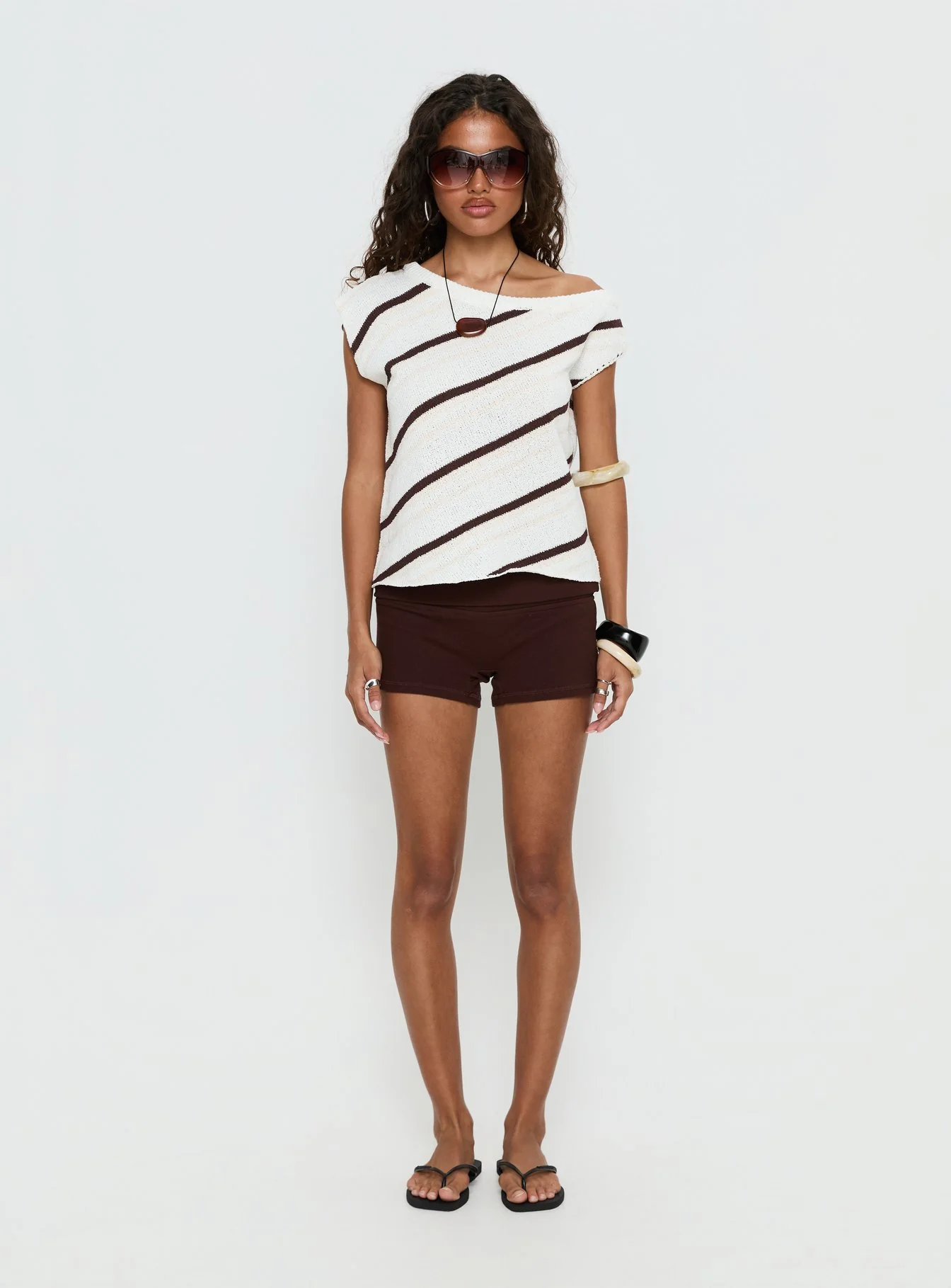Ashfield Off Shoulder Top White / Beige Stripe - Image 7