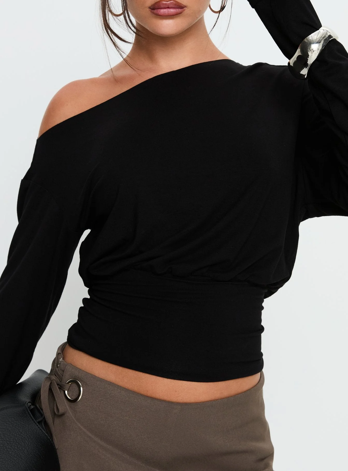 Ashlinn Off Shoulder Long Sleeve Drapey Top Black - Image 6