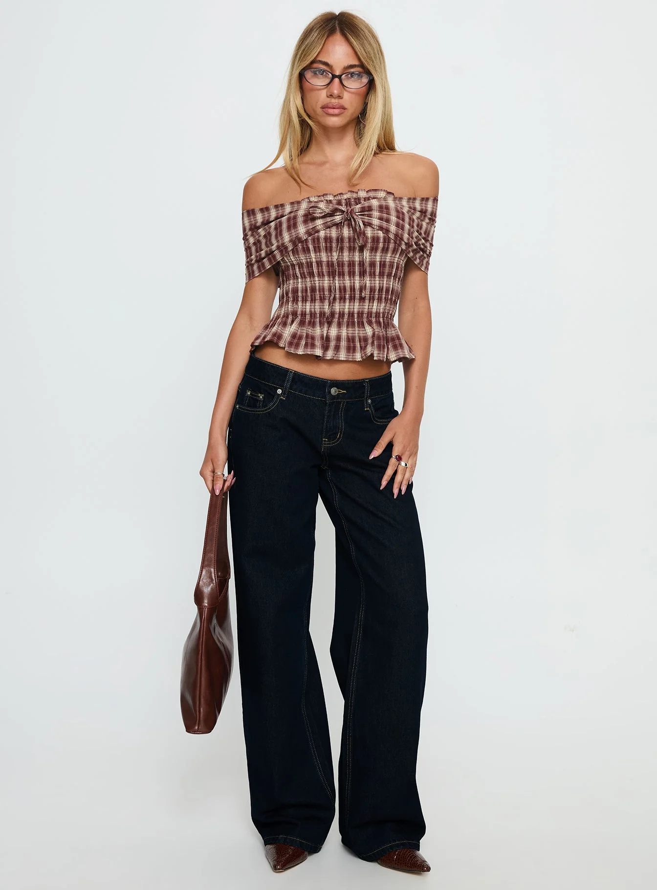 Avalynn Off Shoulder Shirred Top Brown Check - Image 3