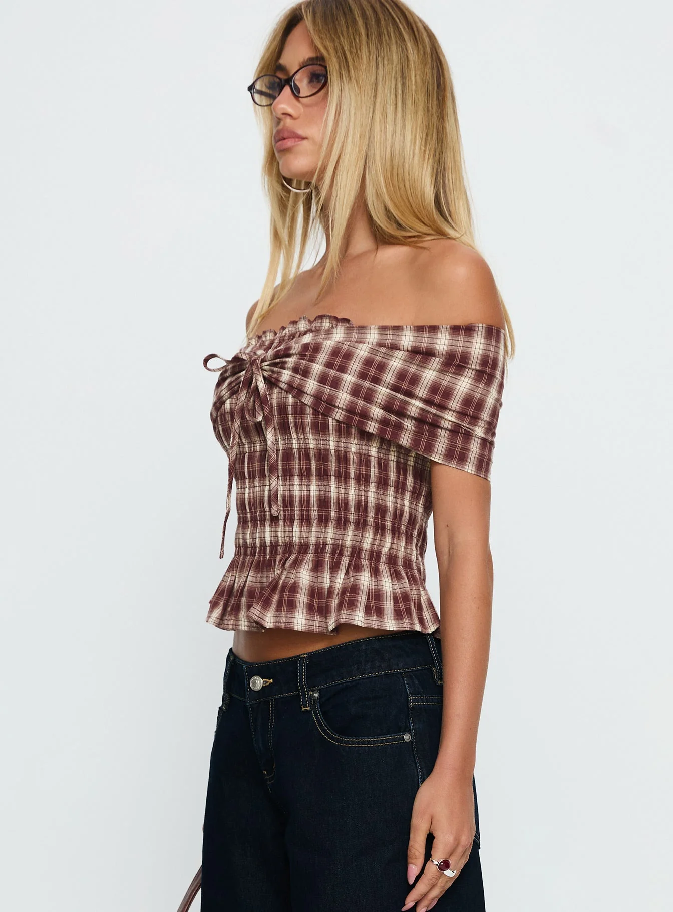 Avalynn Off Shoulder Shirred Top Brown Check - Image 4