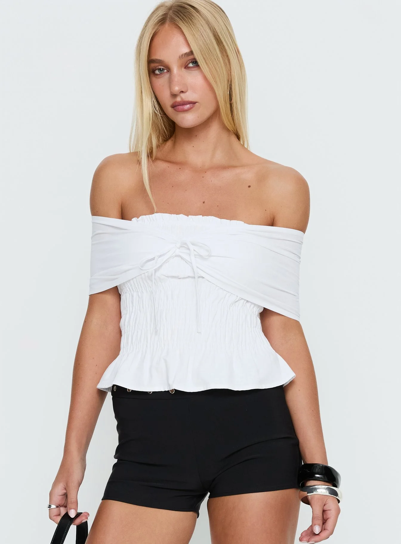 Avalynn Off Shoulder Shirred Top White - Image 2