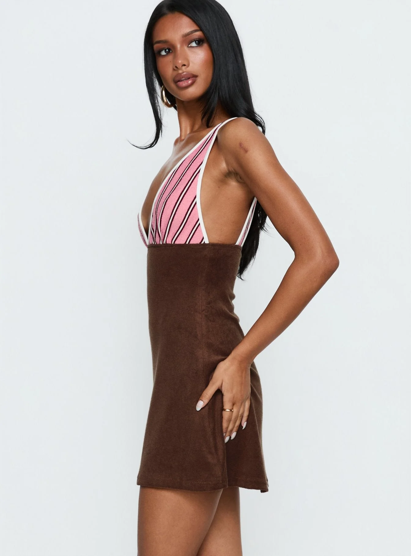 Aydenn Contrast Plunge Mini Dress Pink / Brown - Image 3