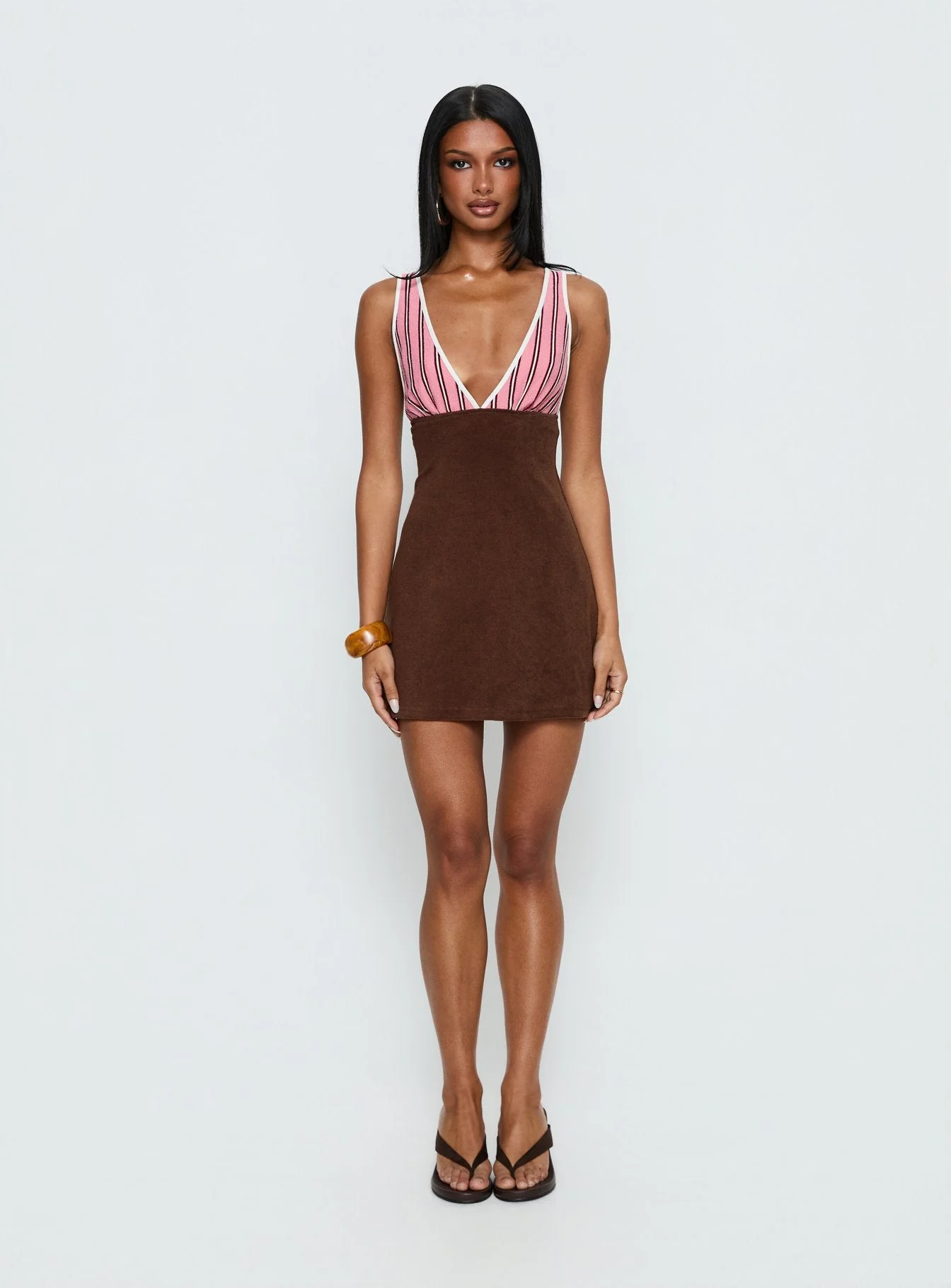 Aydenn Contrast Plunge Mini Dress Pink / Brown - Image 7