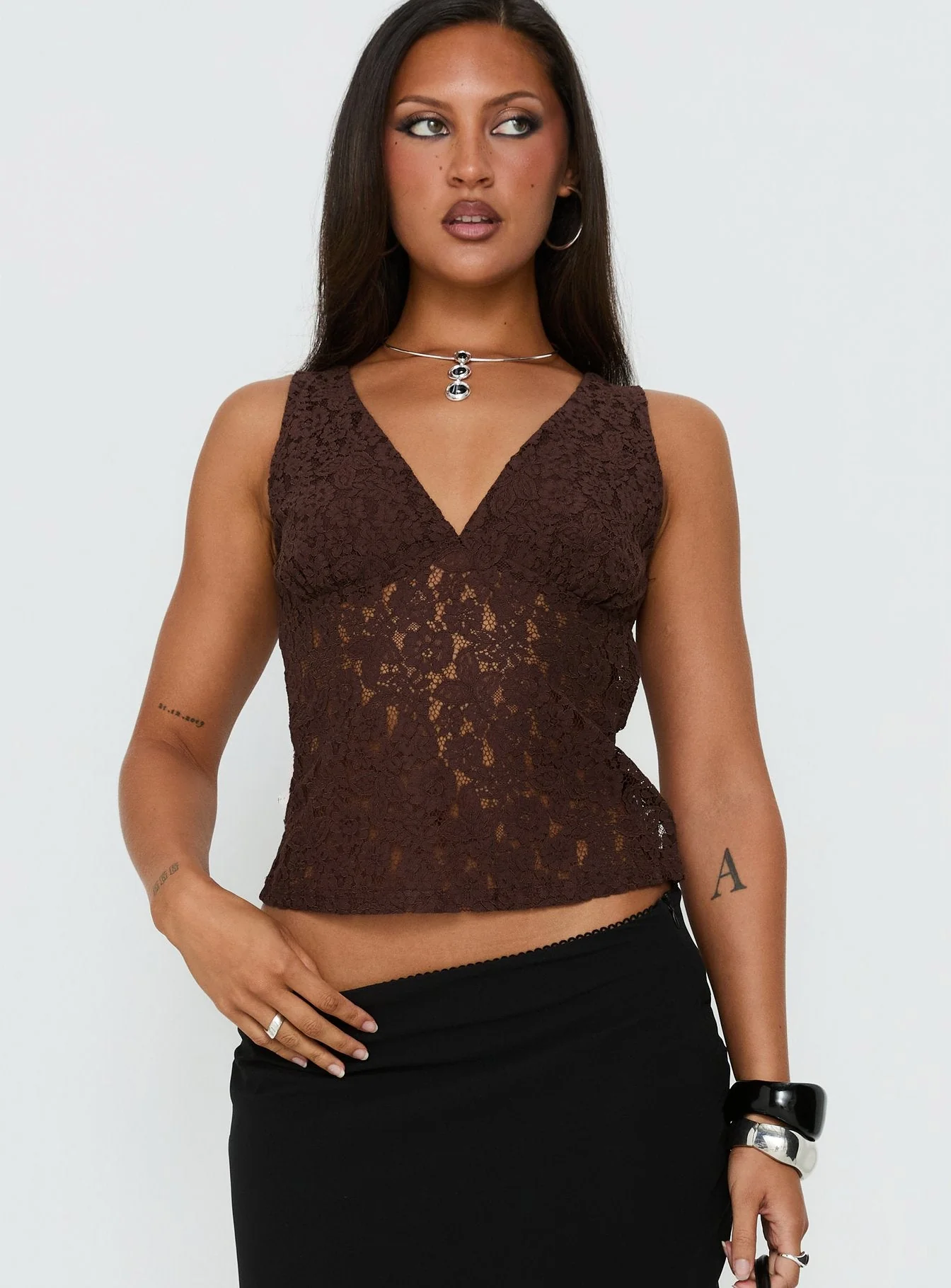 Aydinn Lace Plunge Neck Top Brown - Image 2