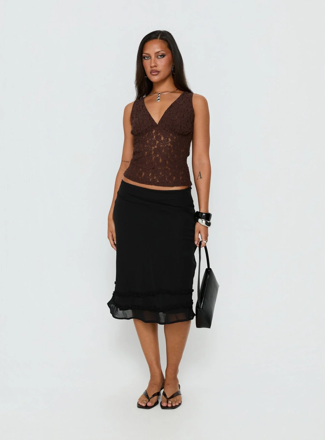 Aydinn Lace Plunge Neck Top Brown - Image 3