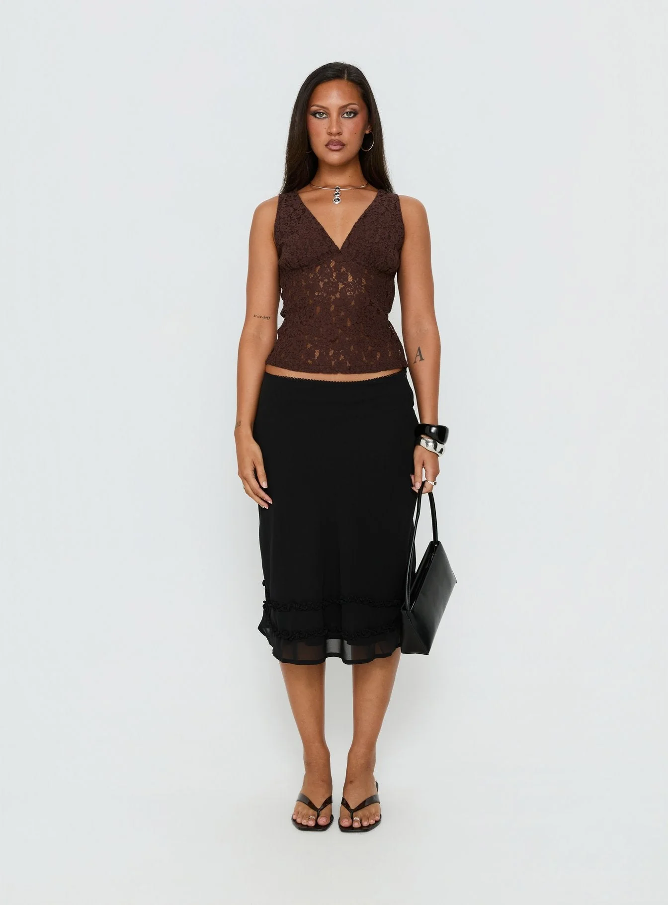 Aydinn Lace Plunge Neck Top Brown - Image 7