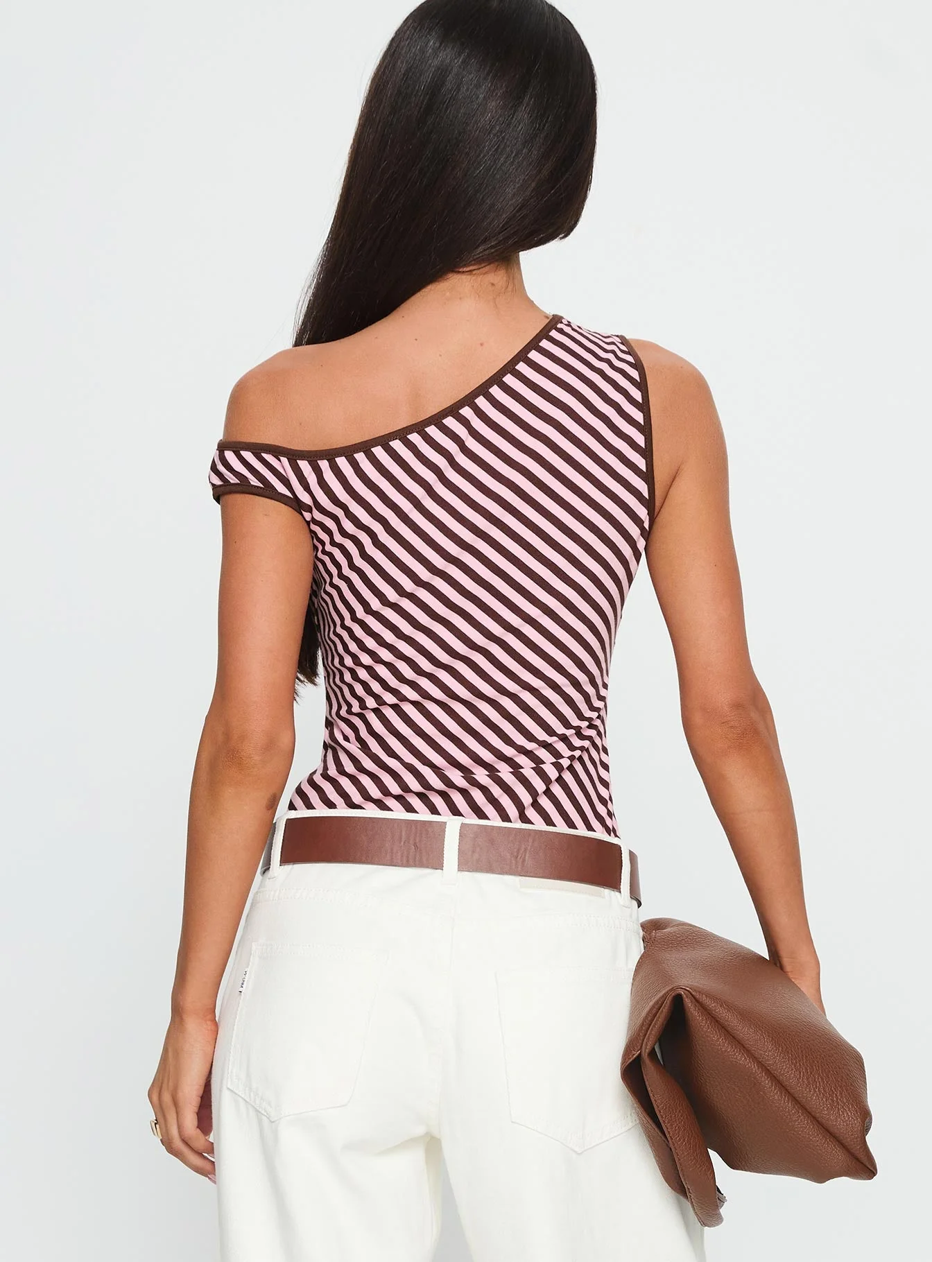 Ayviana One Shoulder Bodysuit Pink / Brown Stripe - Image 4