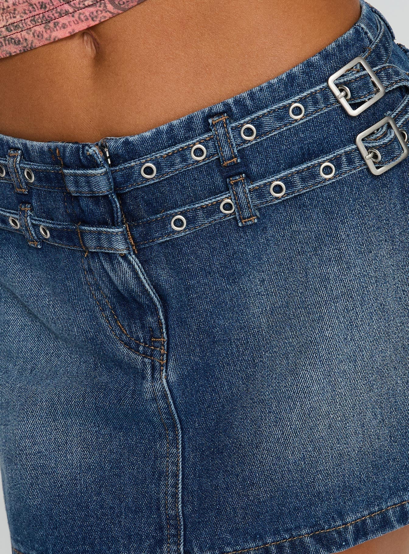Baccarat Belted Denim Mini Skirt Mid Blue Wash - Image 6