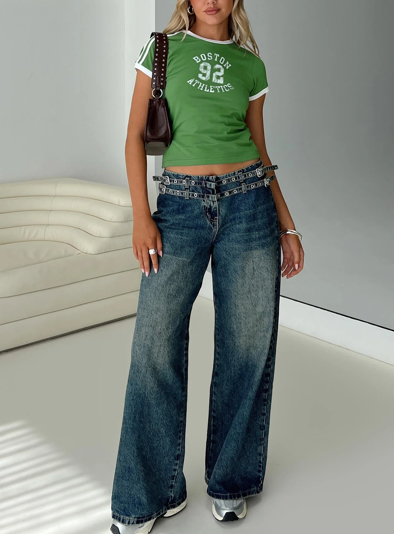 Baccarat Mid Rise Wide Leg Belted Jeans Dark Blue - Image 9