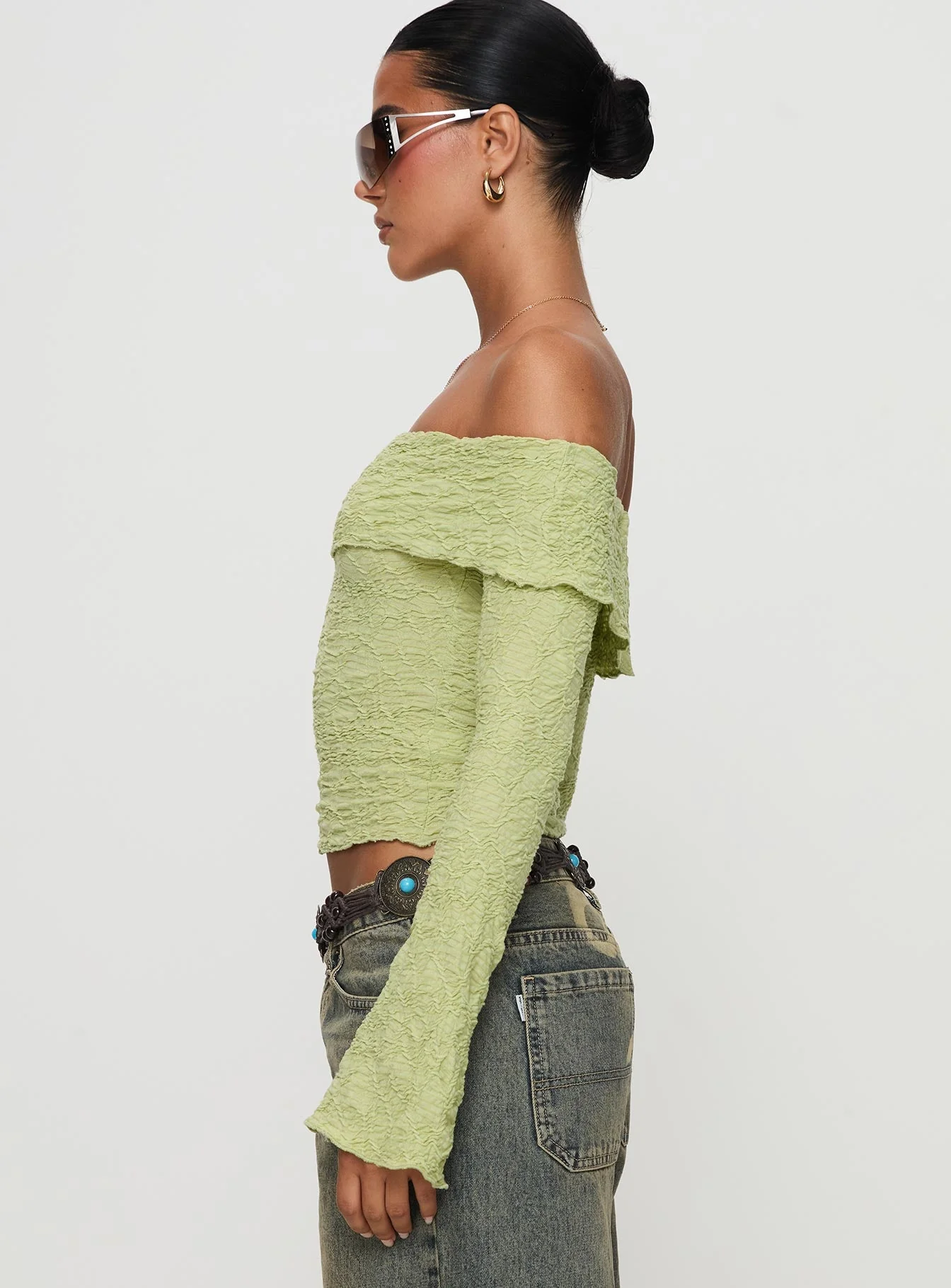 Back With Love Off Shoulder Long Sleeve Top Green - Image 4