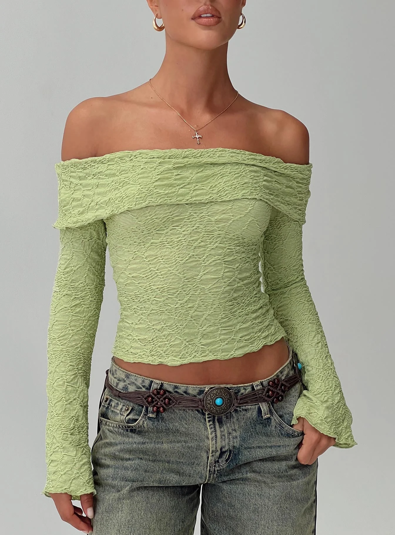 Back With Love Off Shoulder Long Sleeve Top Green - Image 9