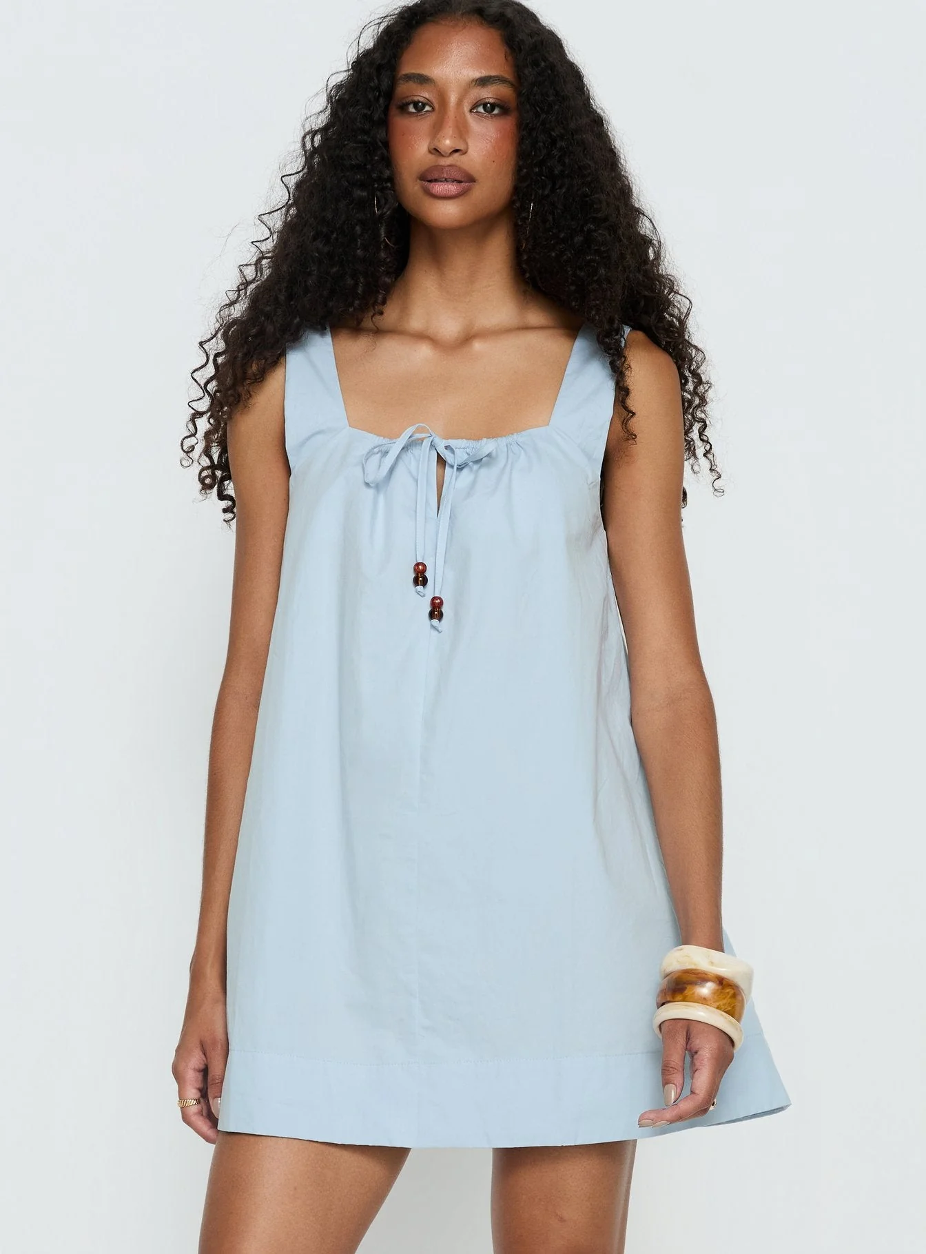 Barbel Square Neck Tie Detail Mini Dress Blue - Image 2