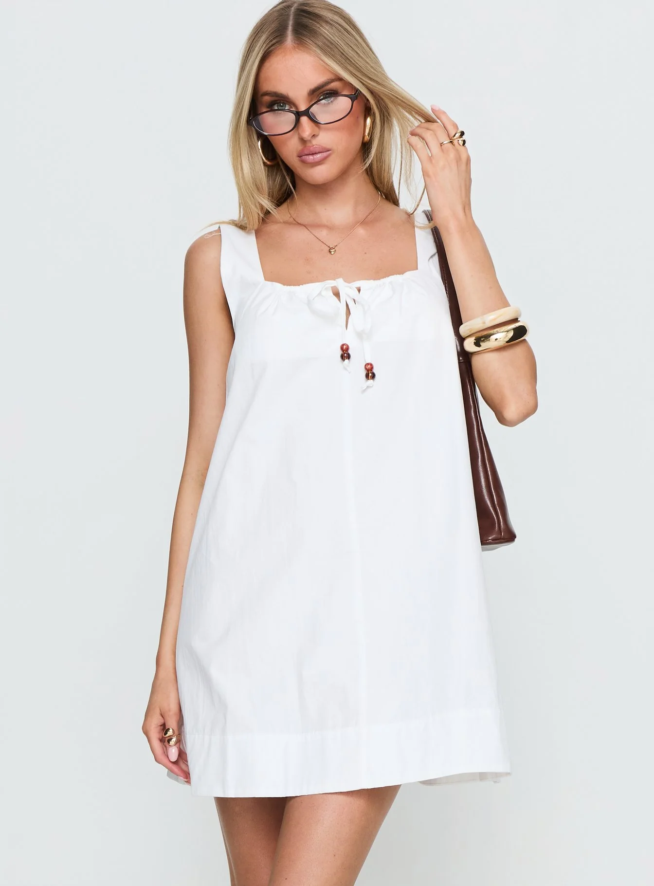 Barbel Square Neck Tie Detail Mini Dress White - Image 2