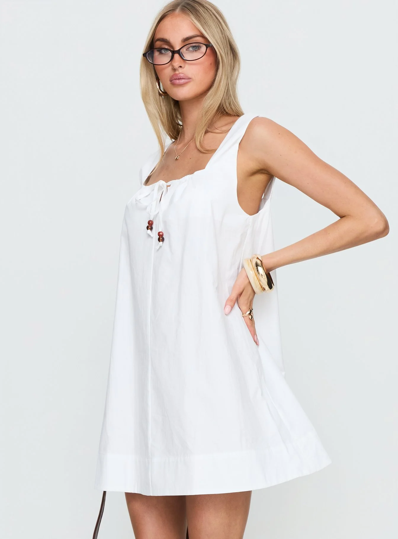 Barbel Square Neck Tie Detail Mini Dress White - Image 4