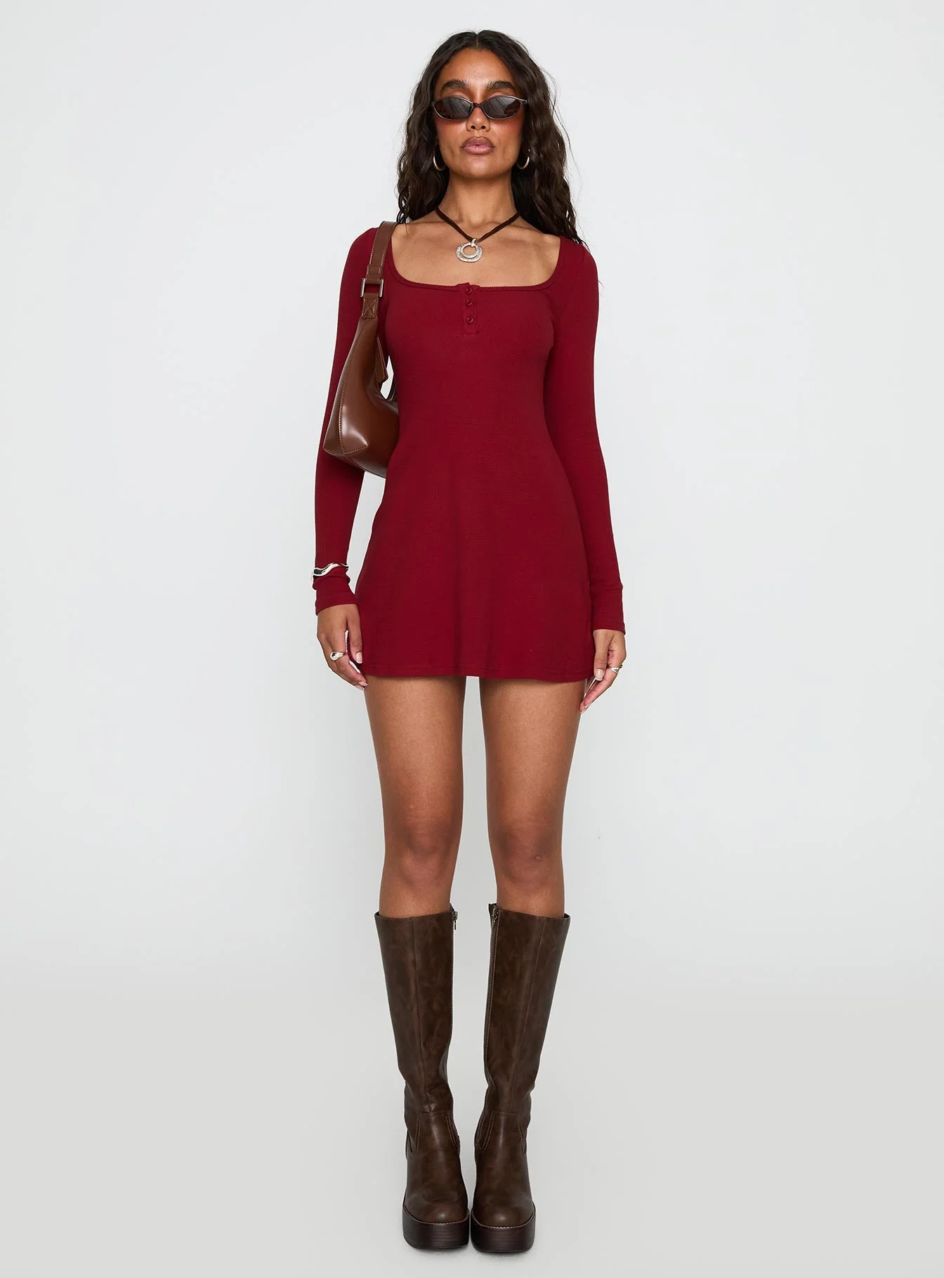 Baseline Long Sleeve Rib Mini Dress Red - Image 6