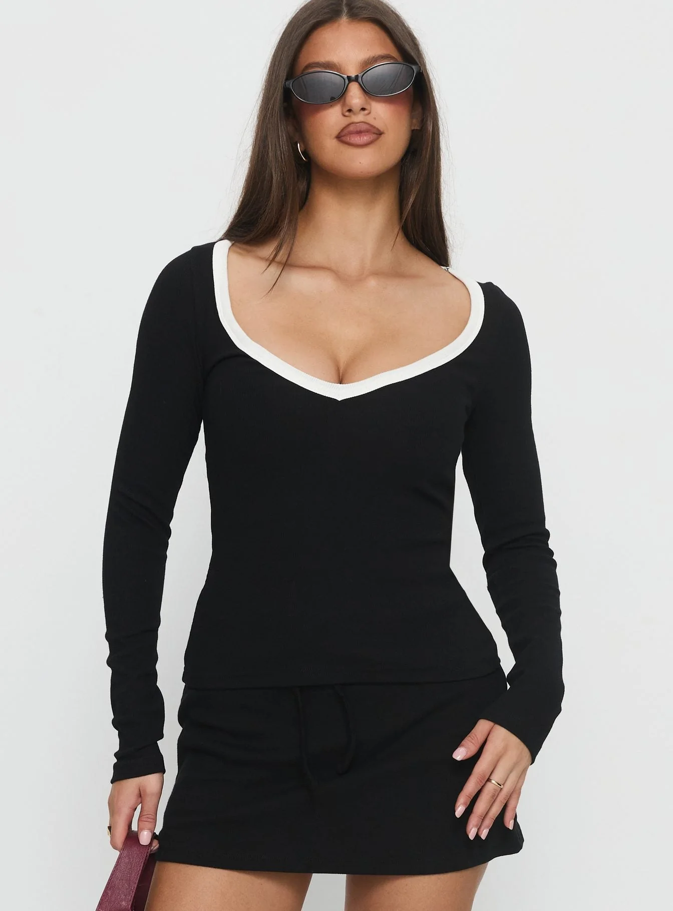 Baseline V Neck Long Sleeve Top Black / White - Image 2