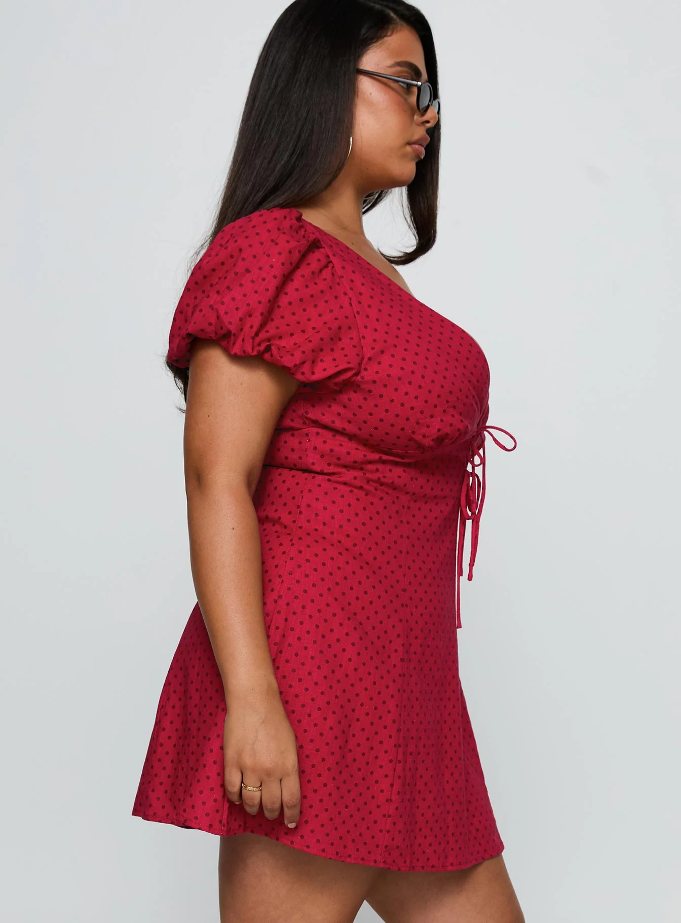 Beloved Puff Sleeve Linen Blend Mini Dress Red Polka Curve - Image 3