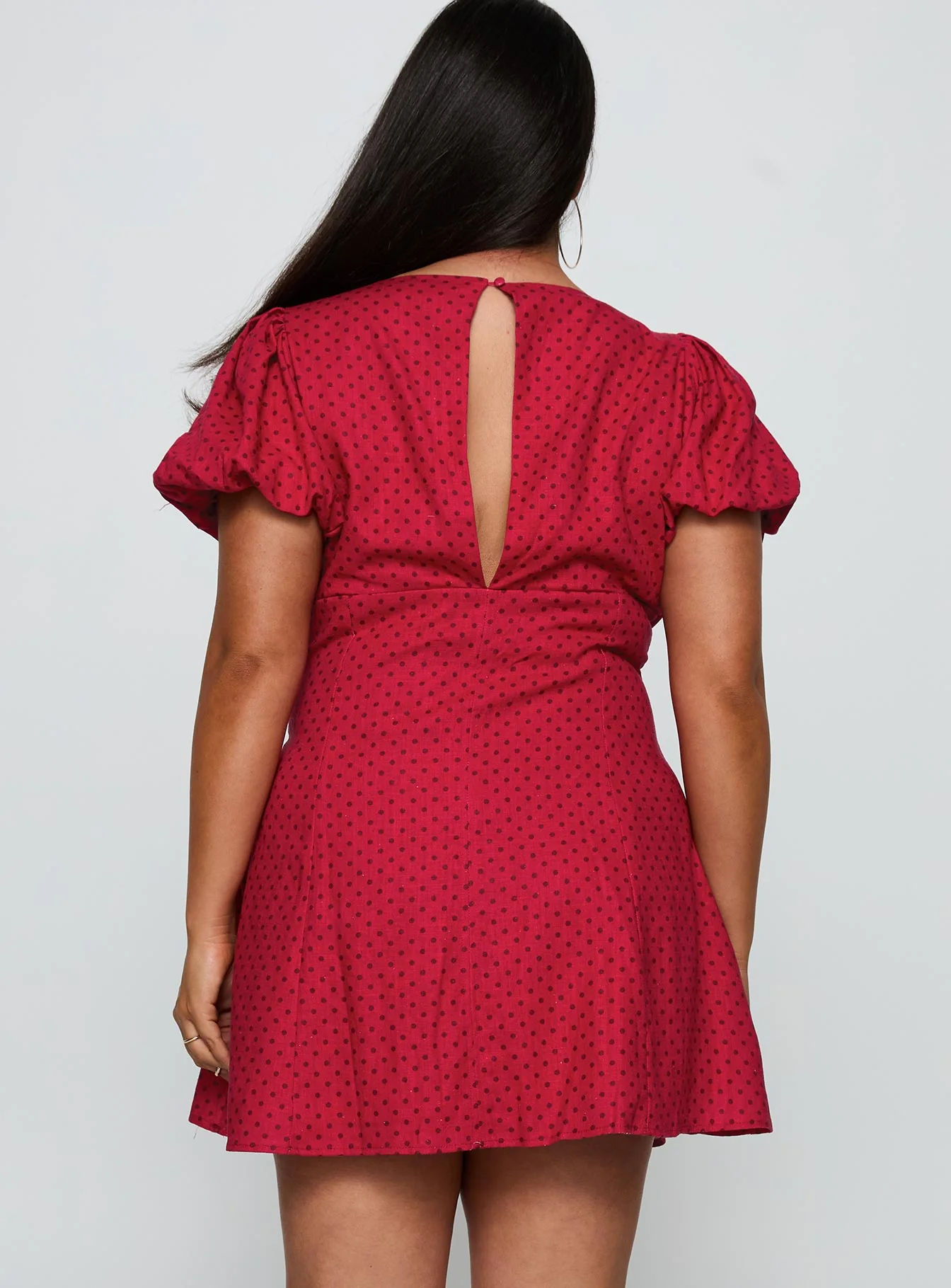 Beloved Puff Sleeve Linen Blend Mini Dress Red Polka Curve - Image 4