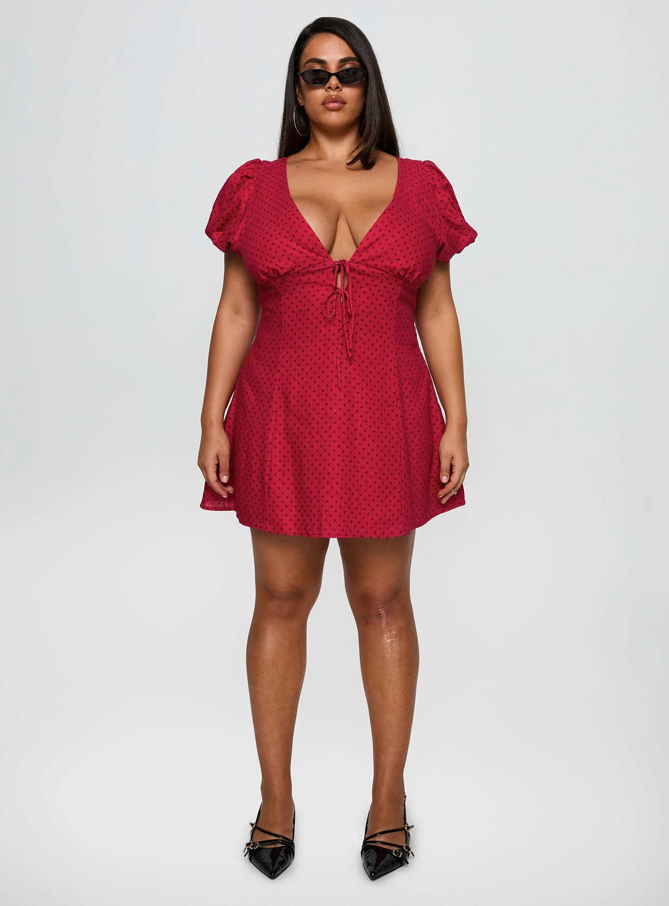 Beloved Puff Sleeve Linen Blend Mini Dress Red Polka Curve - Image 6