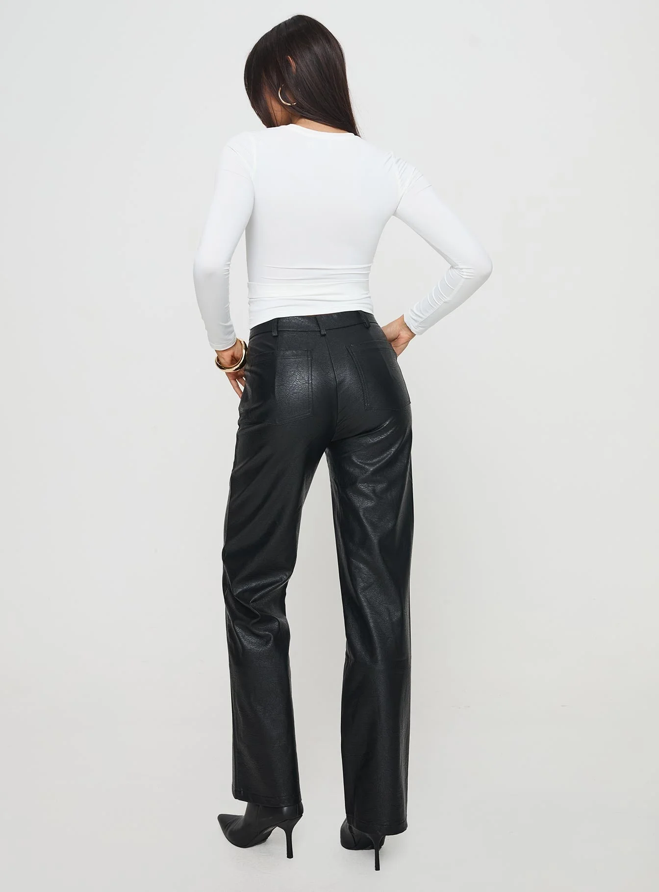 Benner Low Waist Wide Leg Faux Leather Pants Black - Image 4