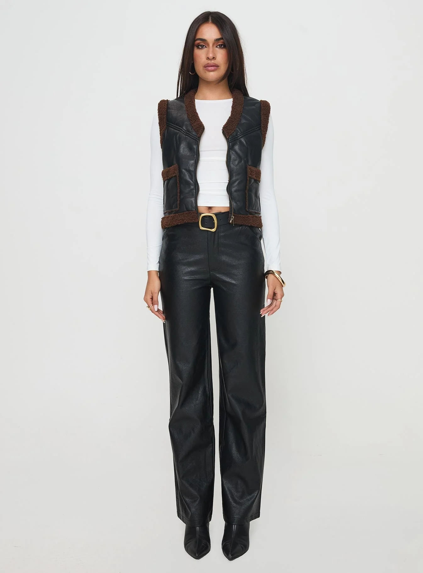 Benner Low Waist Wide Leg Faux Leather Pants Black - Image 6