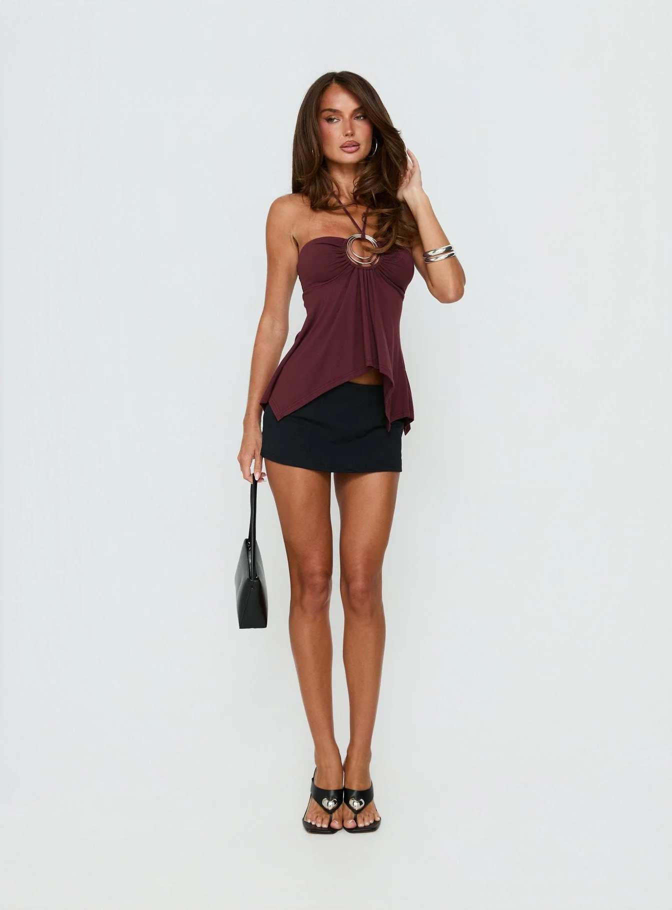 Betsey Ring Detail Tie Neck Top Burgundy - Image 3