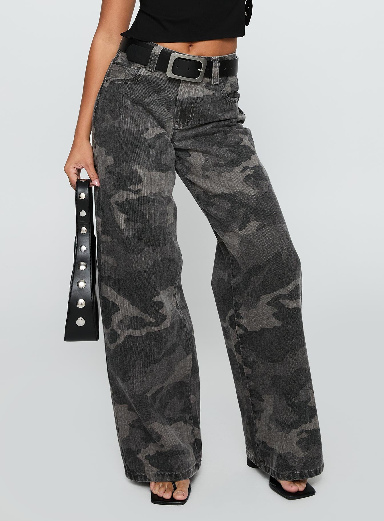Big Talk Mid Rise Straight Leg Jeans Grey Washed Camo - Image 2
