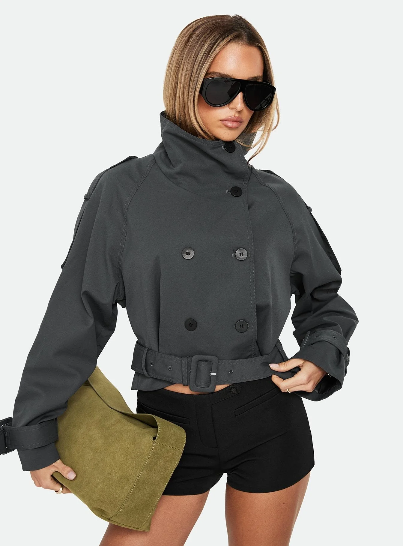 Blanc Cropped Trench Coat Olive - Image 10