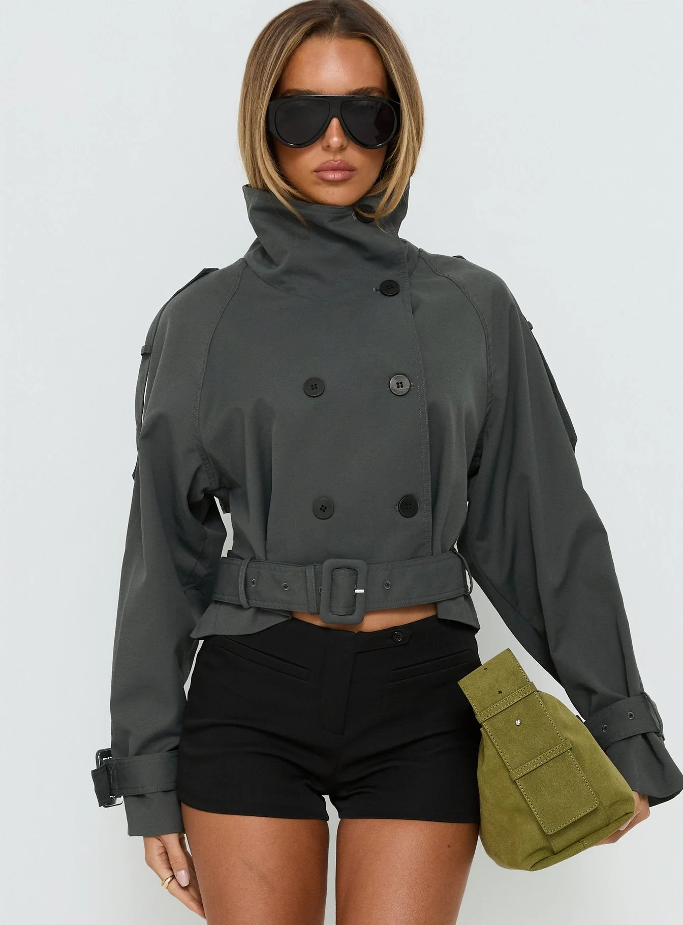 Blanc Cropped Trench Coat Olive - Image 2