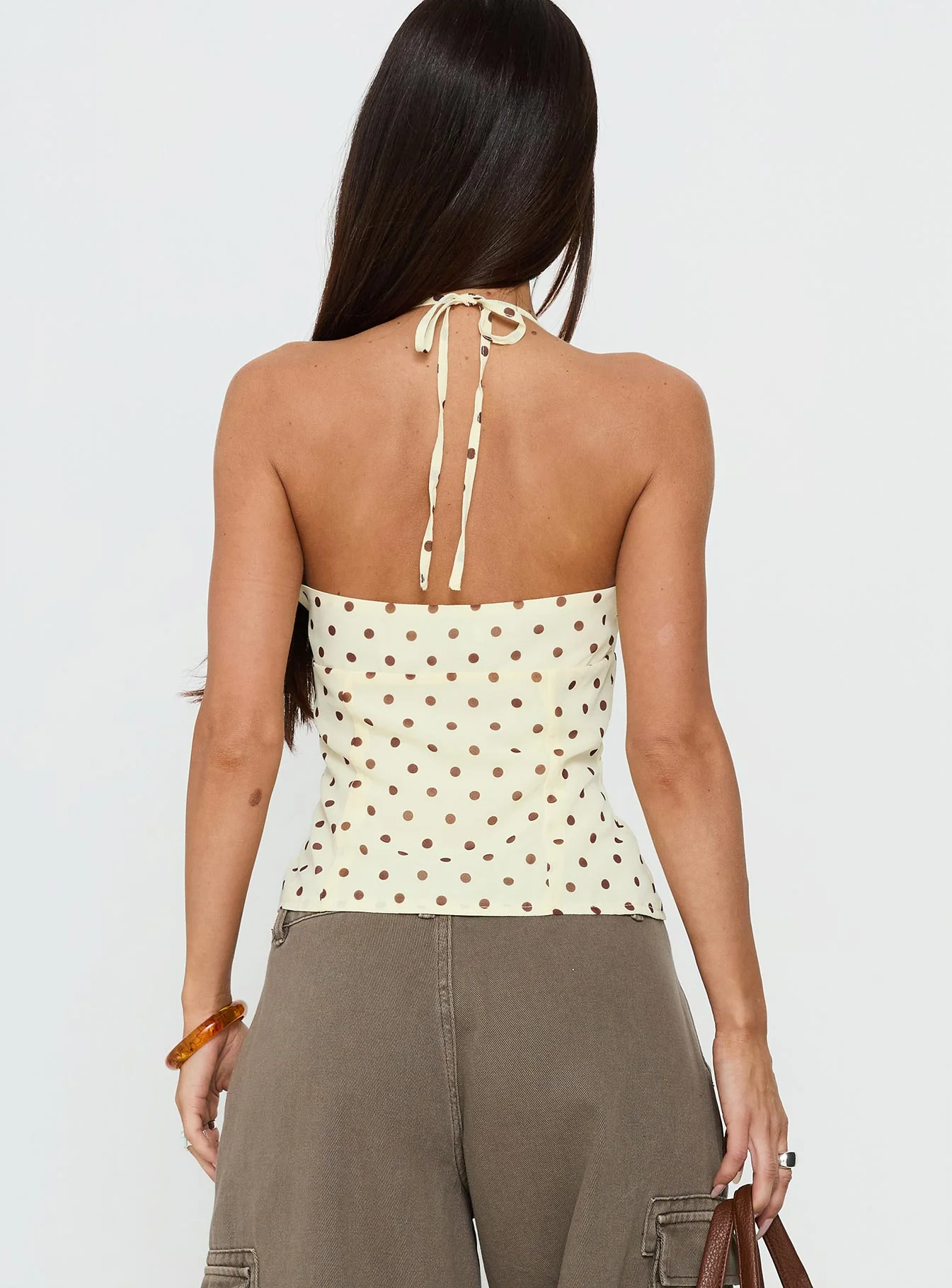 Bon Bon Tie Neck Top Yellow / Brown Polka - Image 4