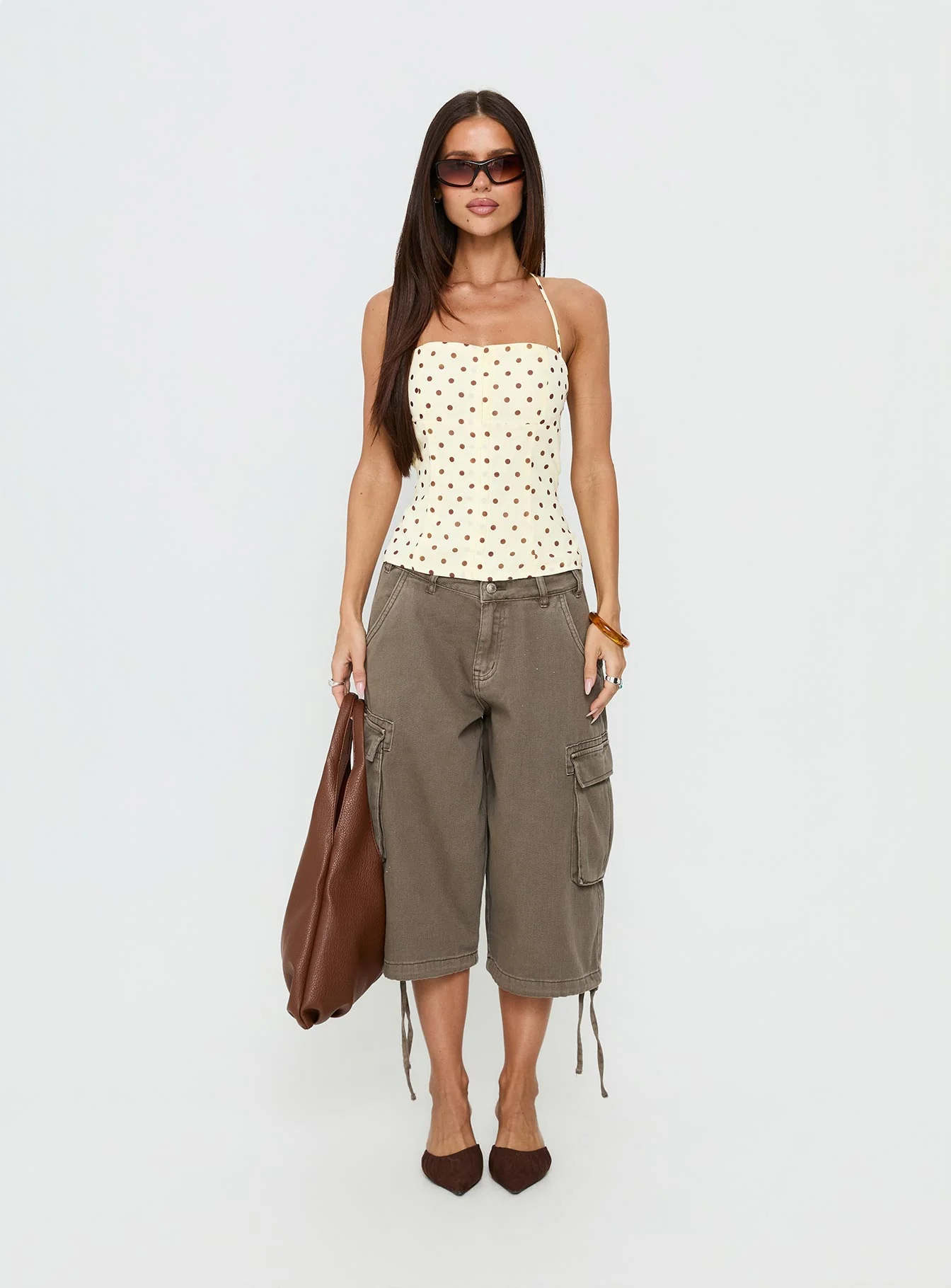 Bon Bon Tie Neck Top Yellow / Brown Polka - Image 6